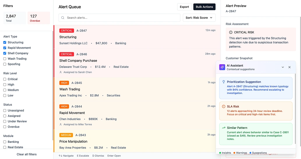 Argos Alert Queue — risk-scored, age-sorted alert list with keyboard shortcut indicators