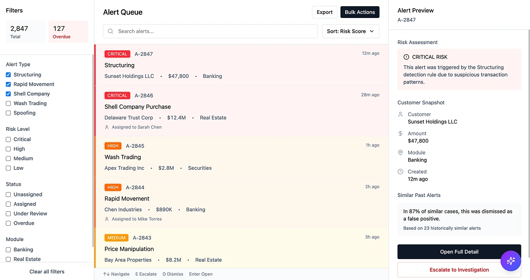 Alert detail screen showing rule explanation, transaction context, and customer history