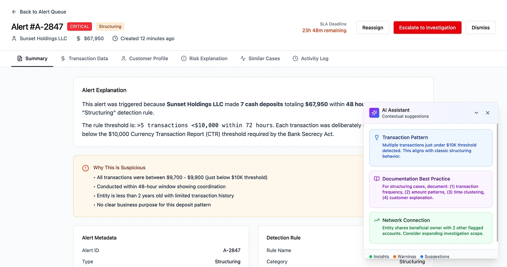 Alert with transactional details inline showing wire transfer patterns