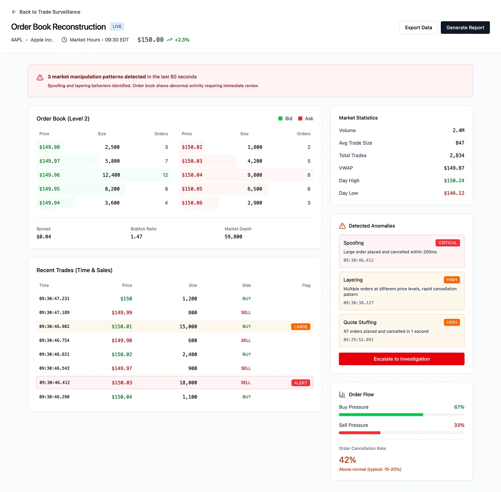 Order Book Reconstruction showing replay of suspicious trading activity with timestamp precision