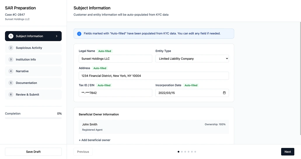 SAR narrative builder with structured entry sections for suspicious activity description