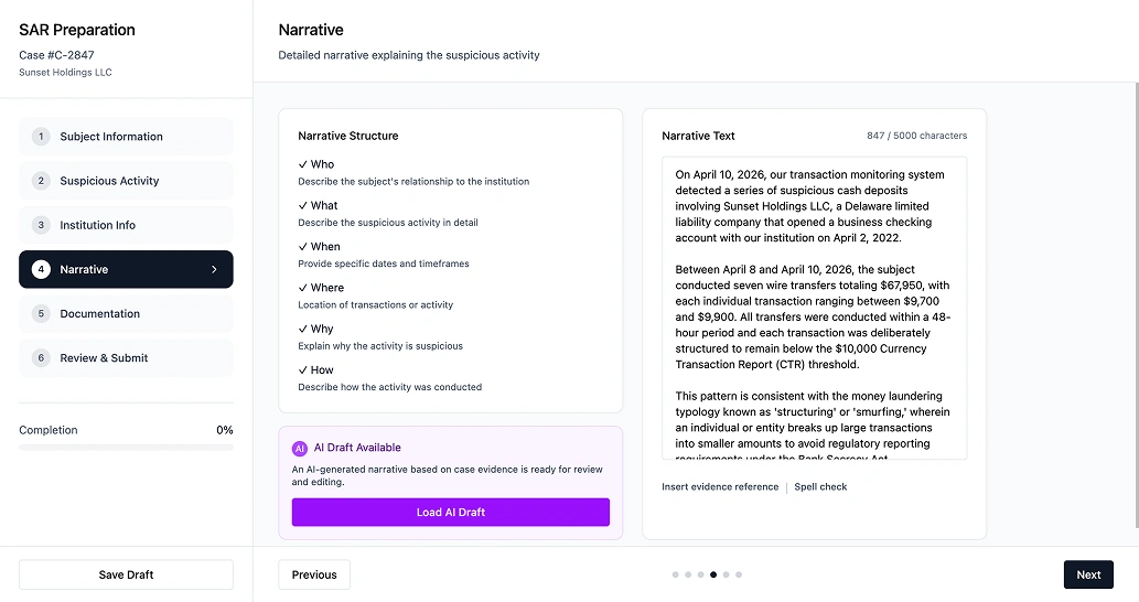 SAR cross-asset fields linking to related transactions and entities across modules