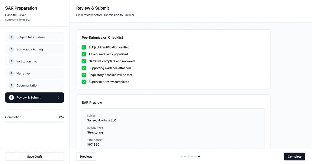 SAR final review screen showing approval routing to legal and compliance sign-off