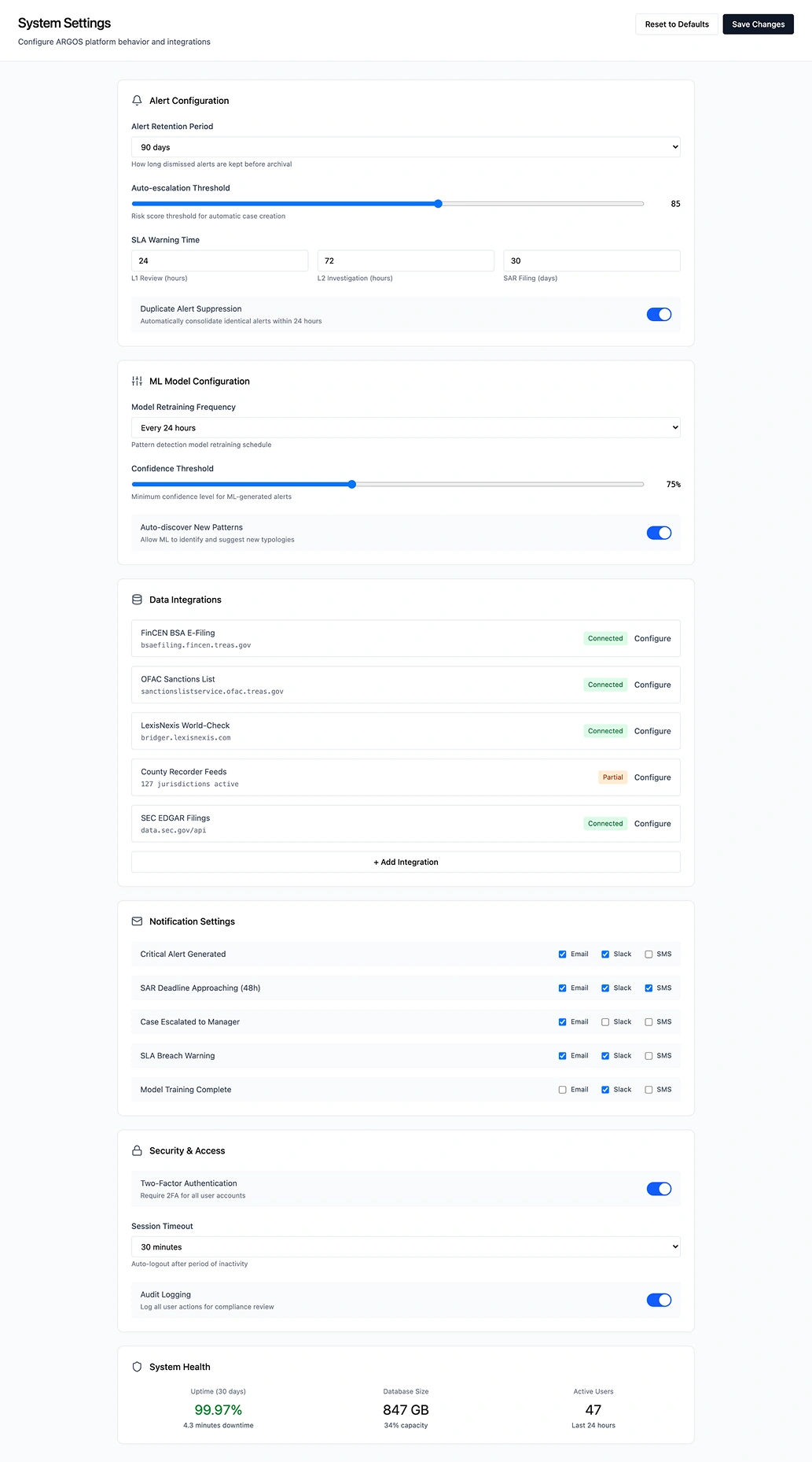 Settings screen showing user preferences, API keys, and integration configuration