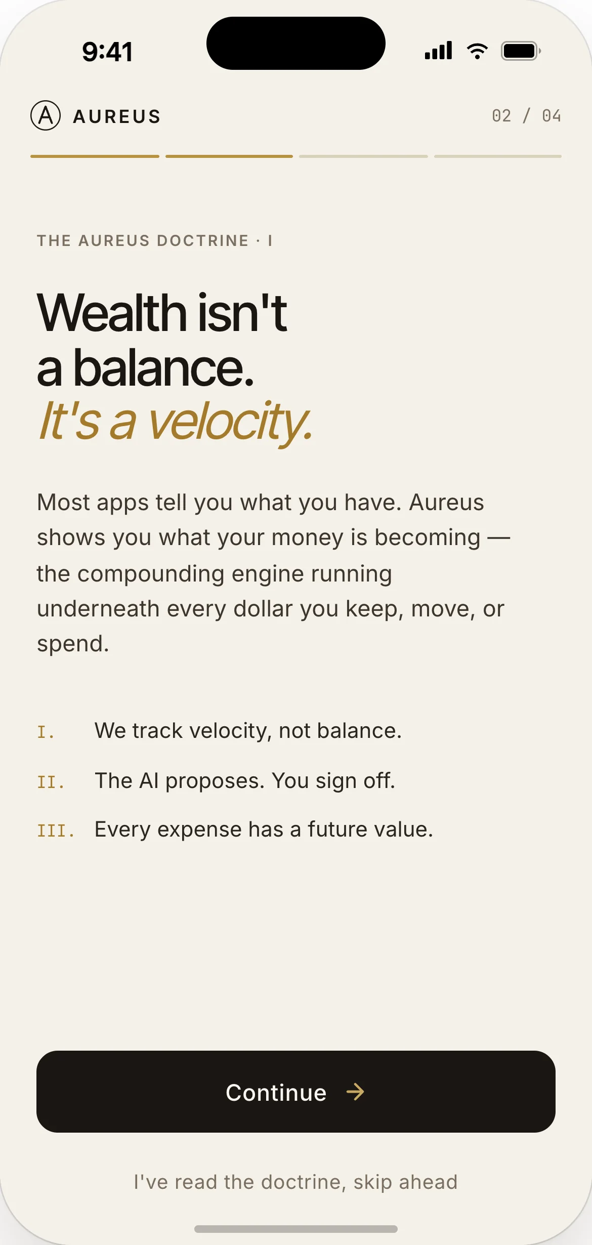 Onboarding — Aureus value proposition framed editorially before any data request