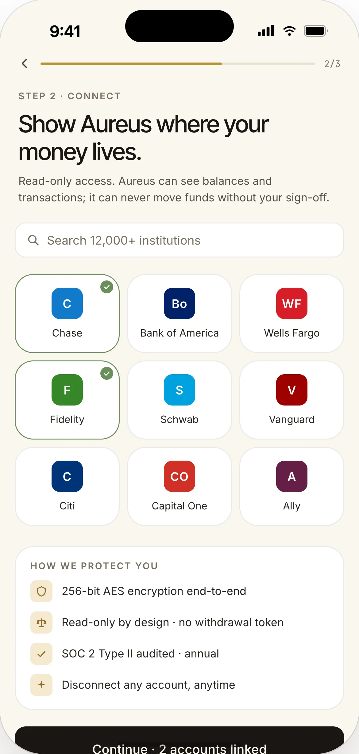 Link bank — explicit data scope disclosure, no permissions creep, Plaid-style flow