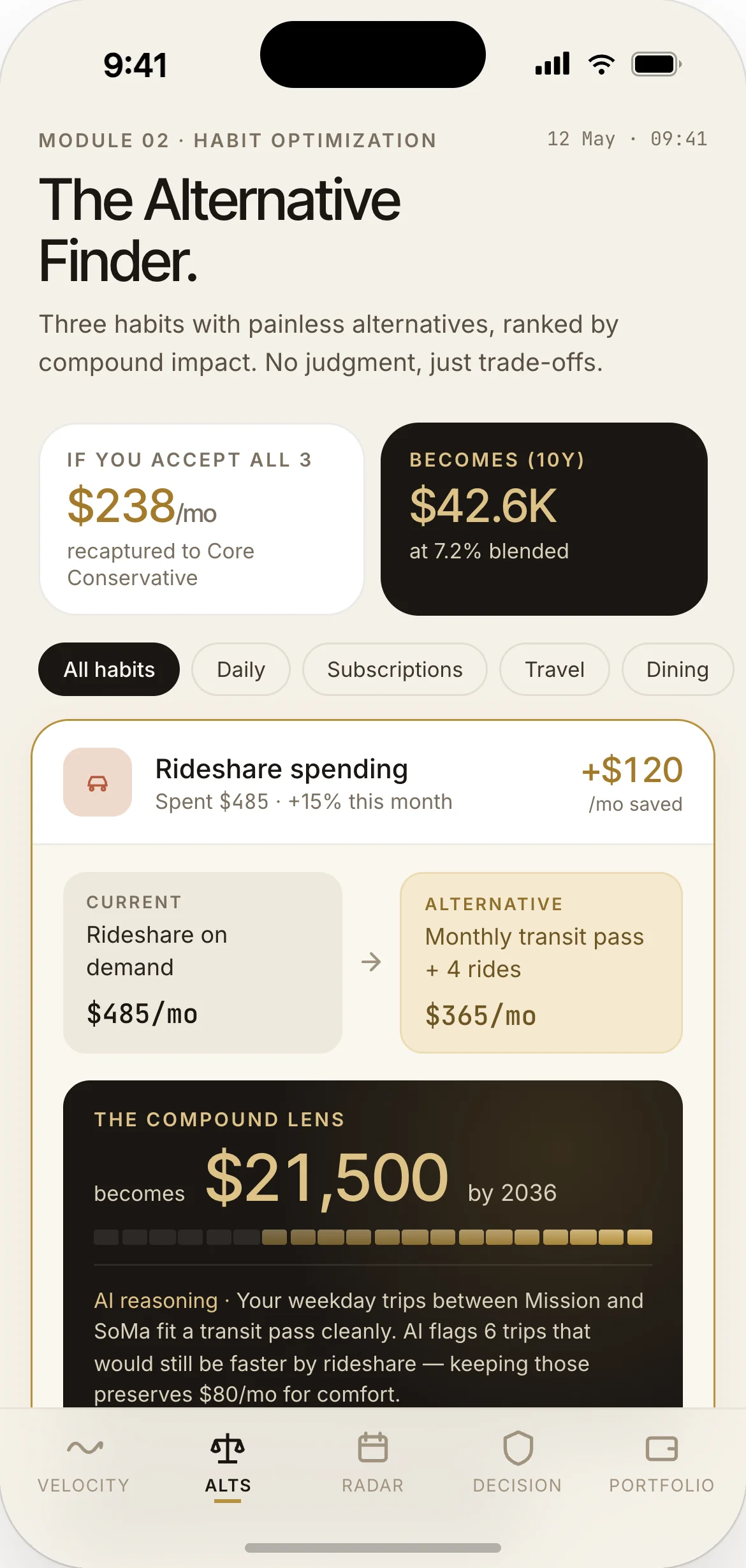 Alternative Finder — rideshare spending pattern analysis, alternative transit options scored, Compound Lens projecting the saved capital into a 10-year future value