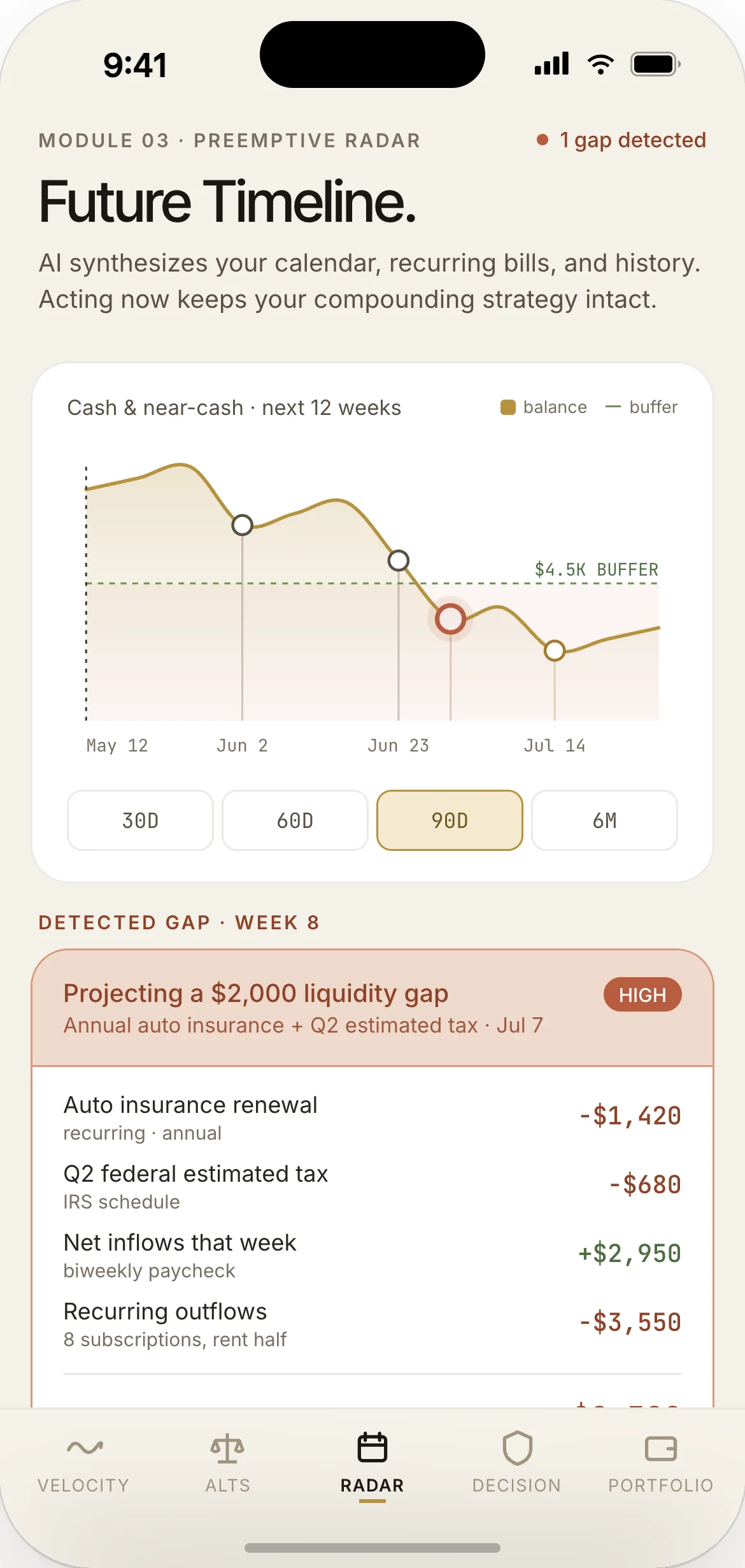 Event Radar — 90-day liquidity stress forecast with annual premium and holiday spending plotted, AI proposal to pause aggressive allocation and rebuild defensive buffer