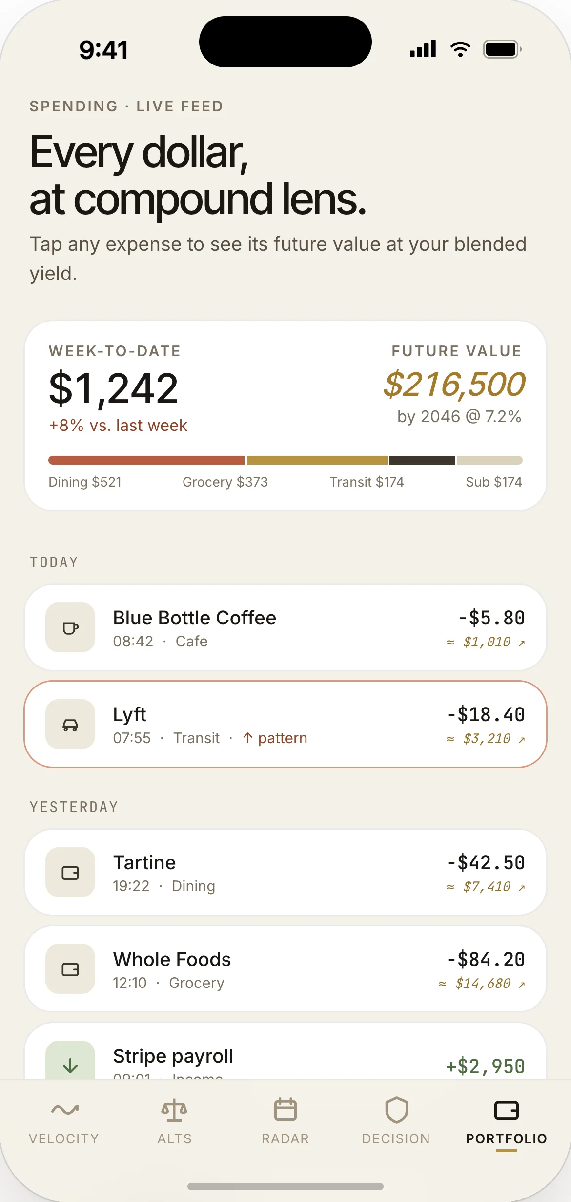 Spending feed — categorised transactions with AI-generated alternative suggestions in line
