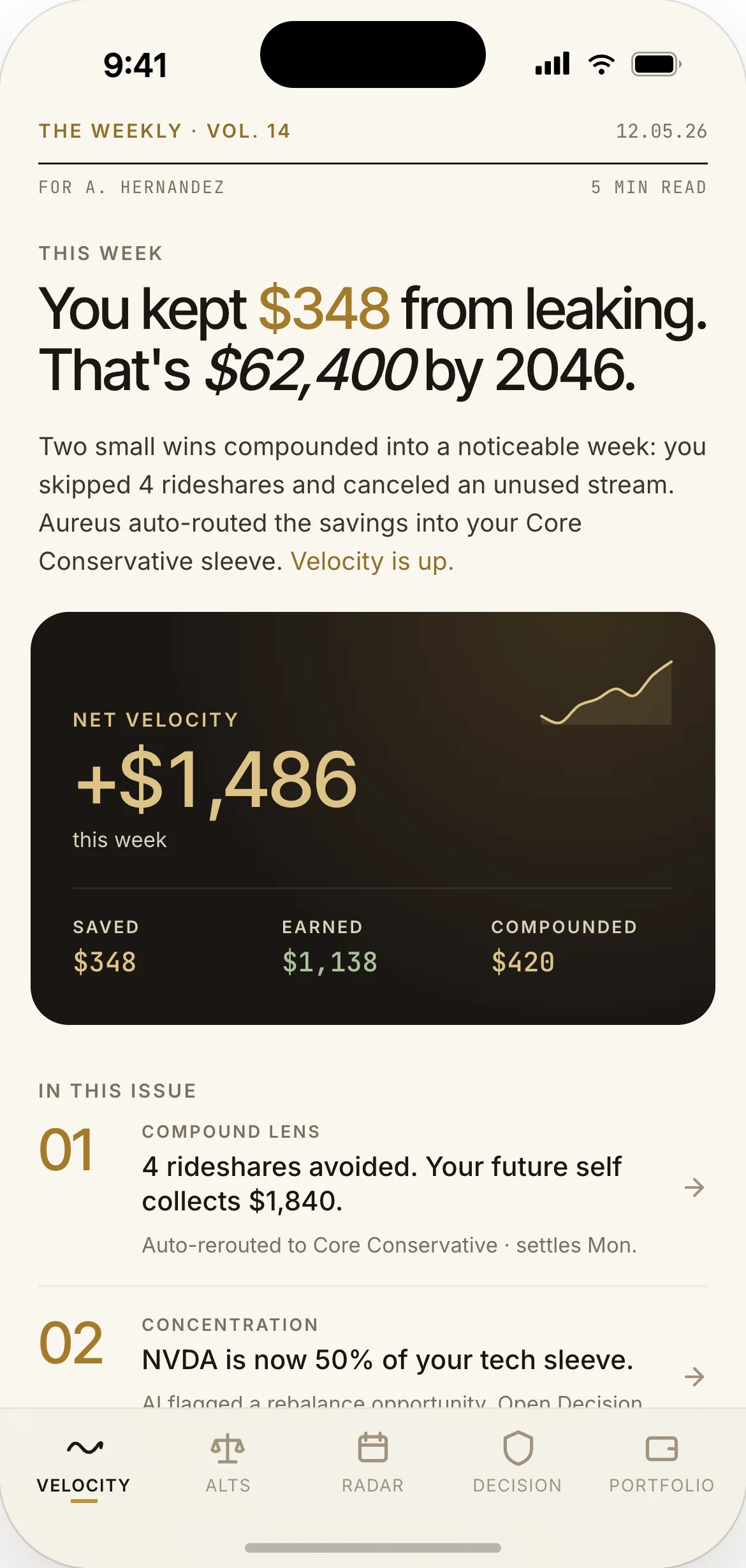 Weekly digest — alternatives chosen, capital reallocated, projected delta to the Aureus curve