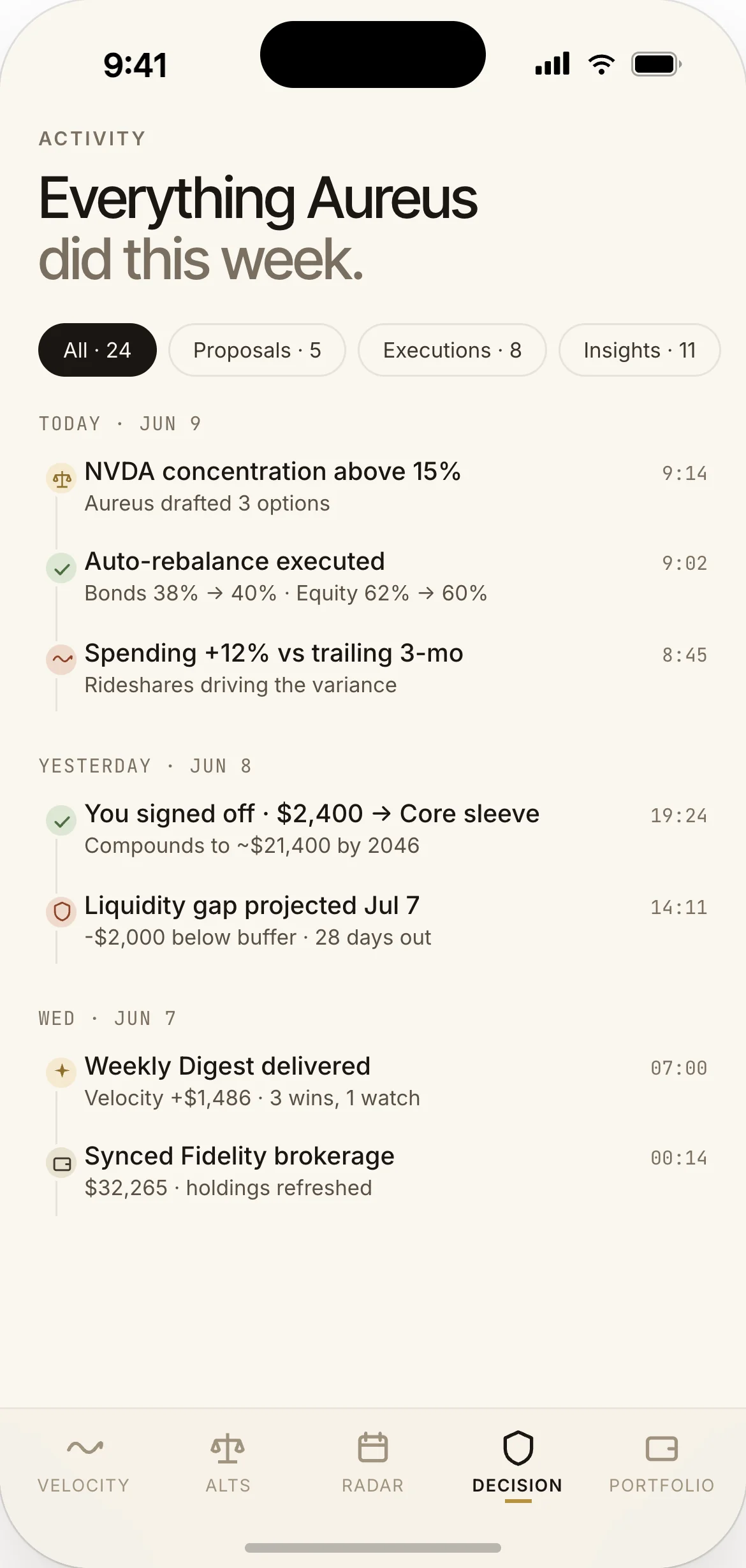 Activity log — every AI action, every user sign-off, append-only