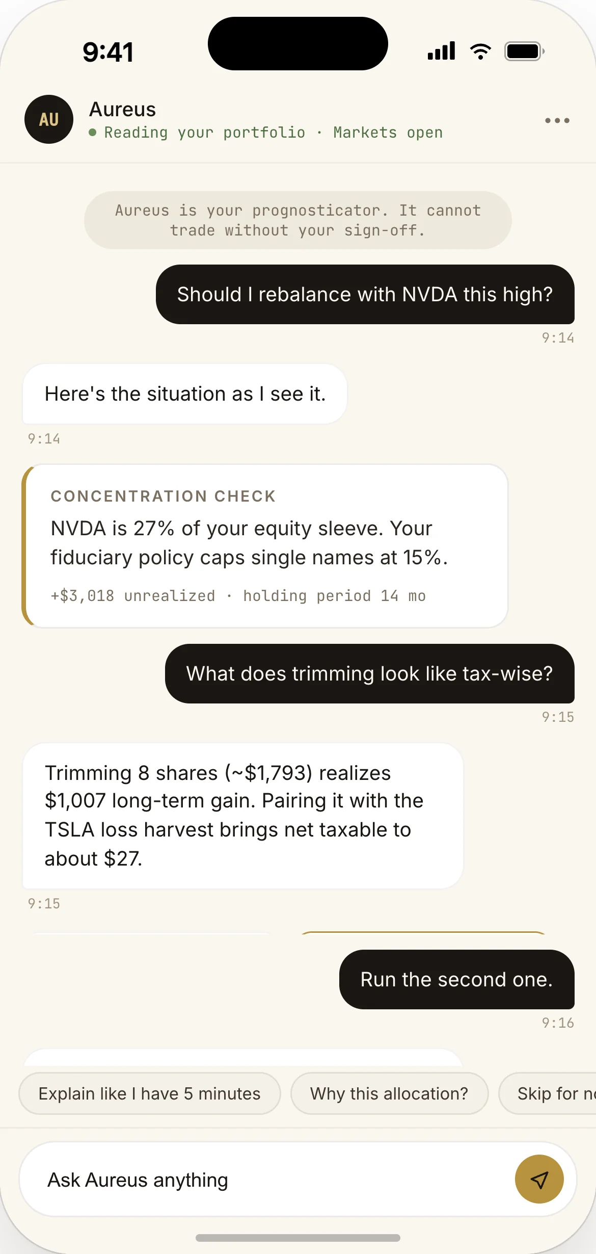 Aureus chat — concierge conversation with citations to user portfolio