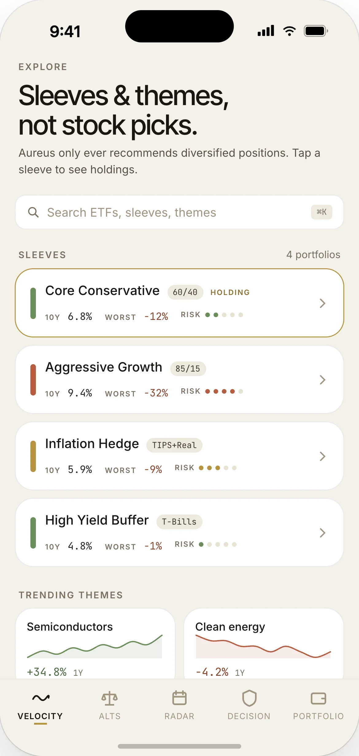 Explore — curated asset and strategy ideas with AI matching to user policy
