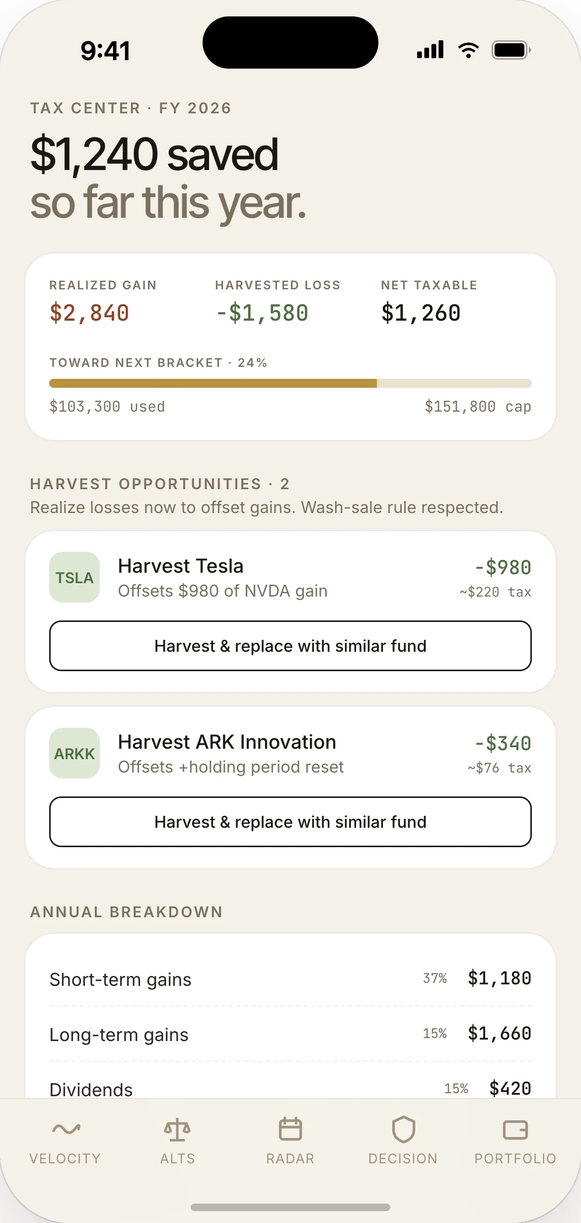 Tax centre — harvest opportunities, withholding optimisation, projected liability