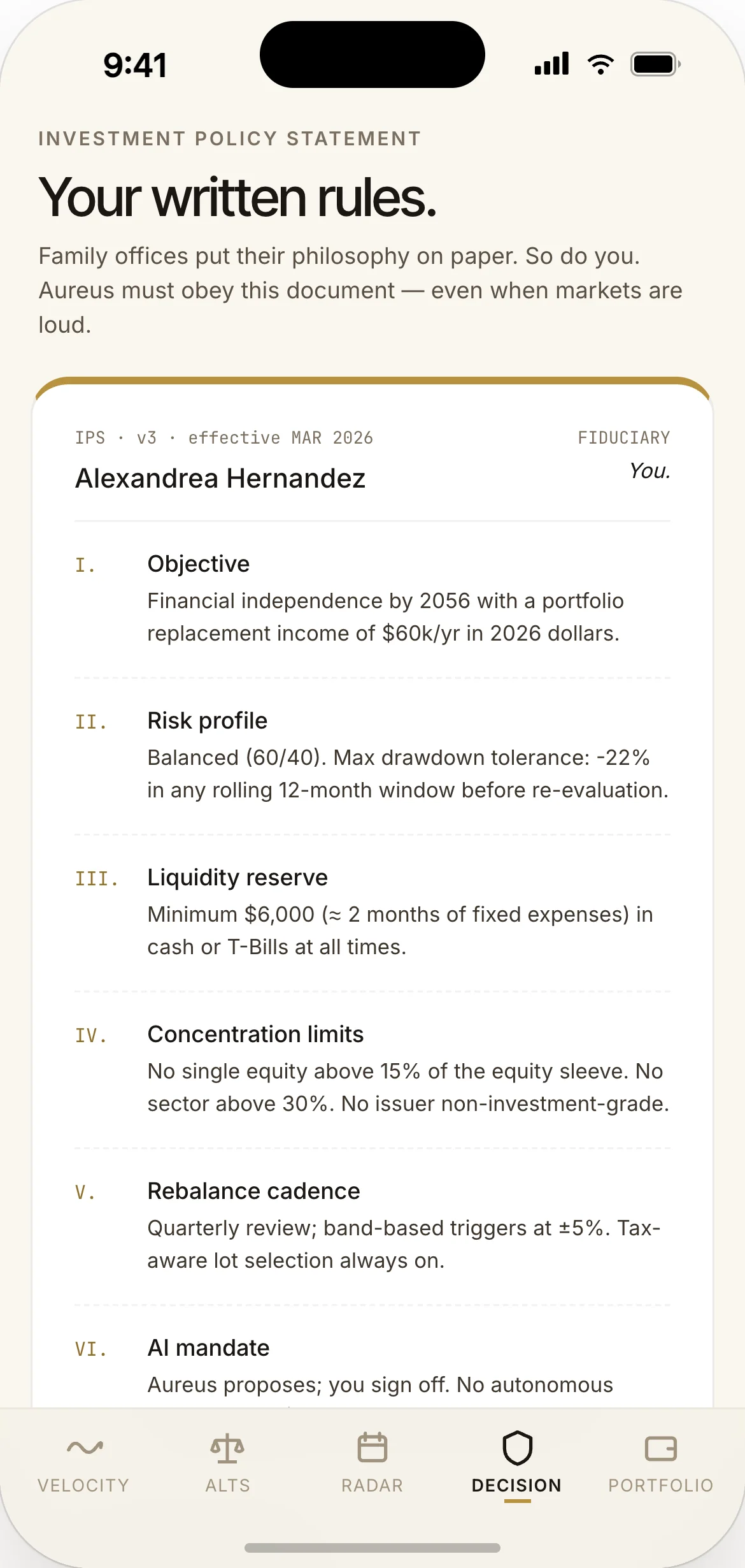 Policy statement — user's stated investment policy with allocation bands and rebalancing triggers