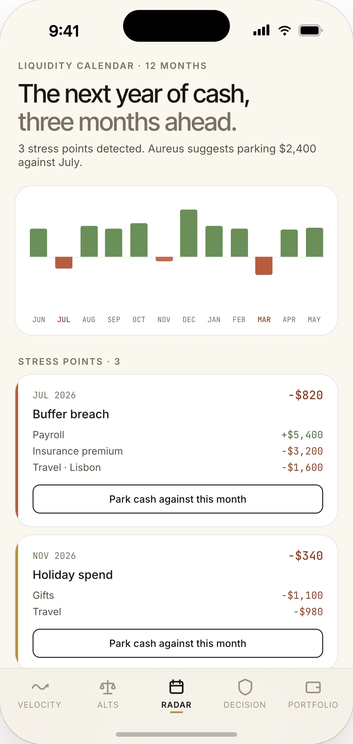 Liquidity calendar — month-by-month forecast with named cash-flow events and projected balance lows