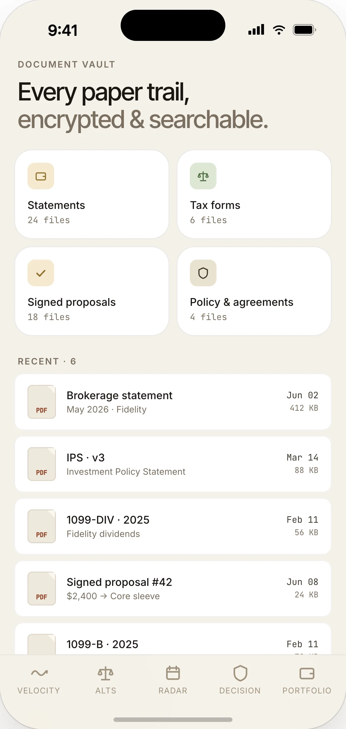 Document vault — tax docs, insurance, advisor agreements