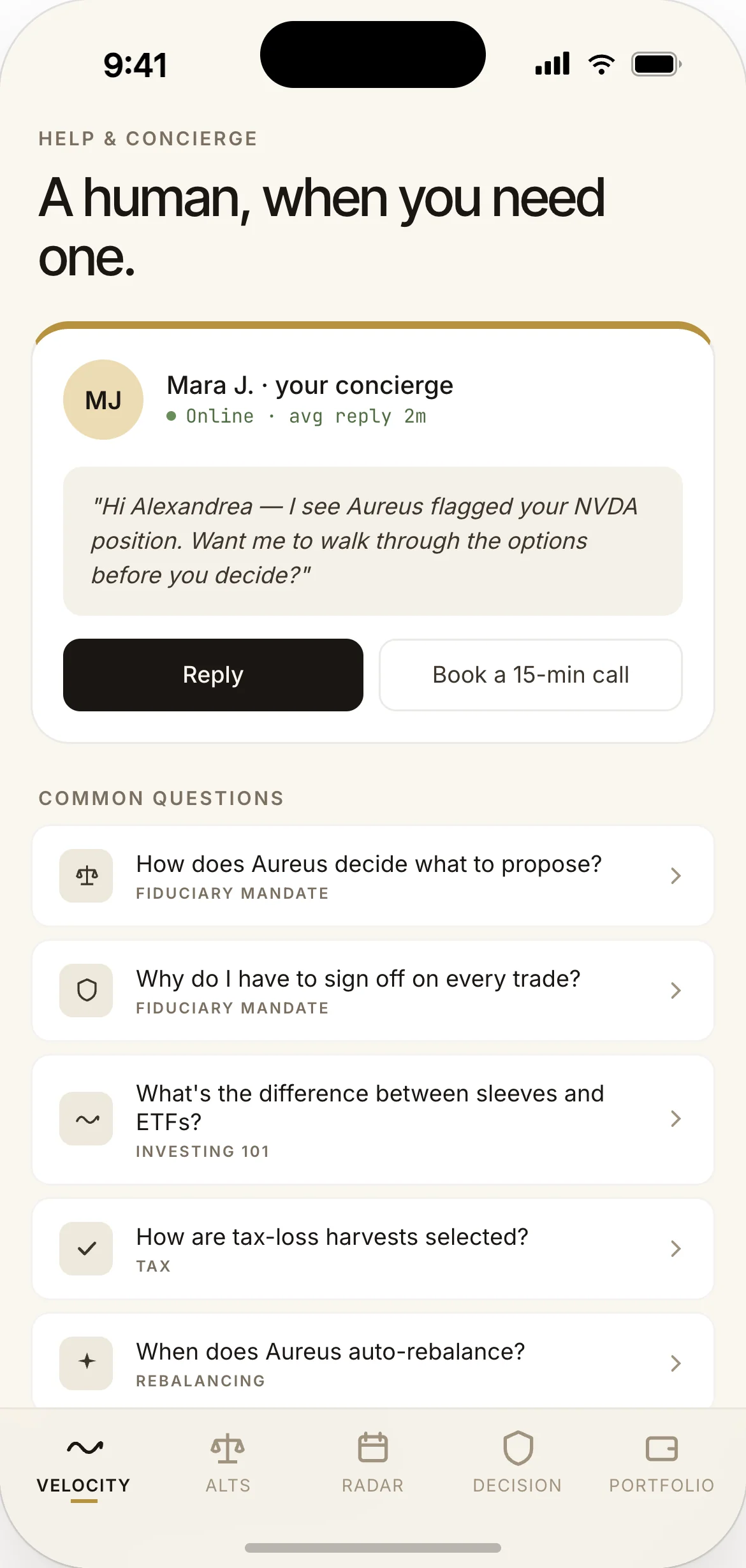 Help concierge — human escalation path with handoff context