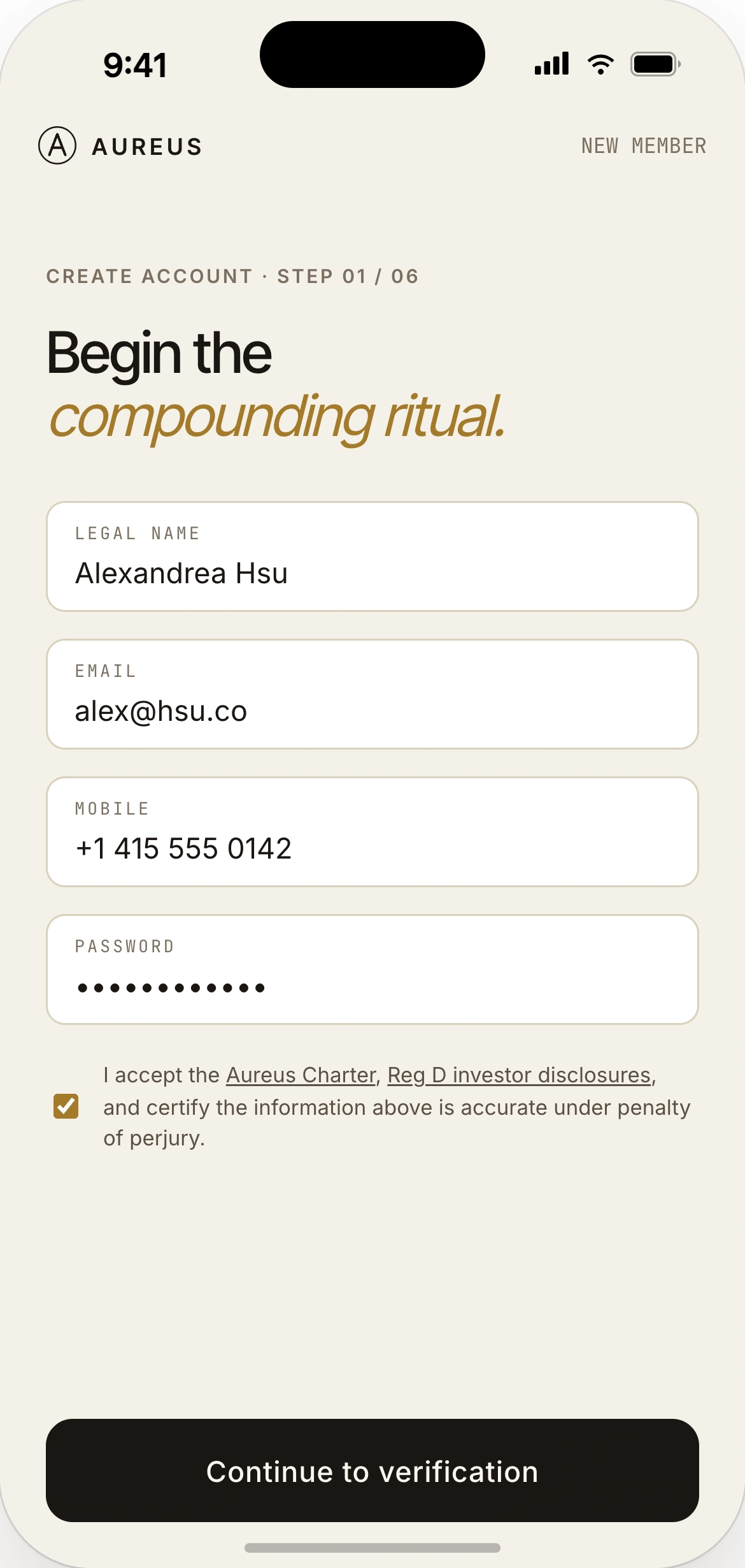 Create account — terms acceptance, jurisdiction selection, e-sign attestation