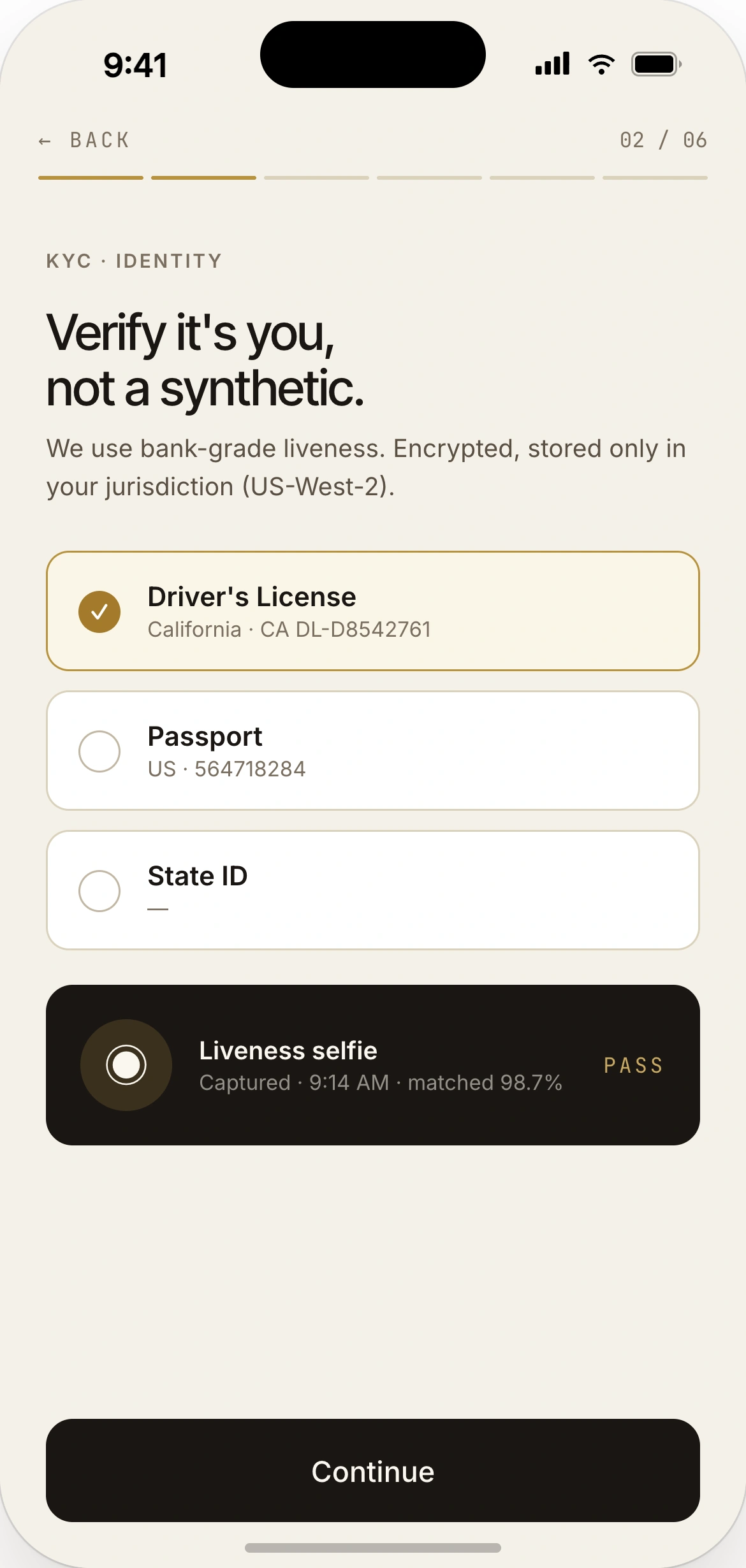 KYC identity verification — government ID upload, selfie liveness, name match