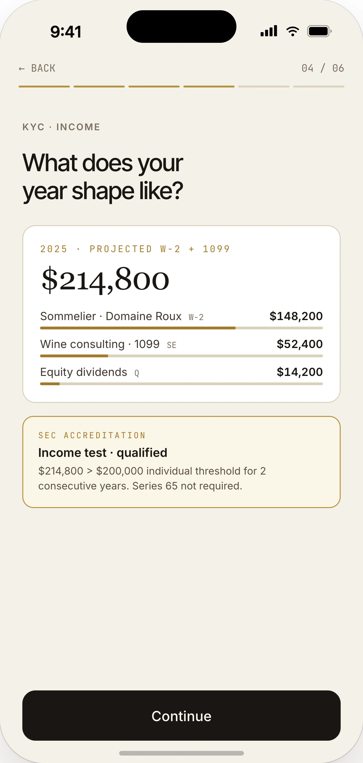 KYC income — annual income, net worth, liquid net worth, investment experience disclosure