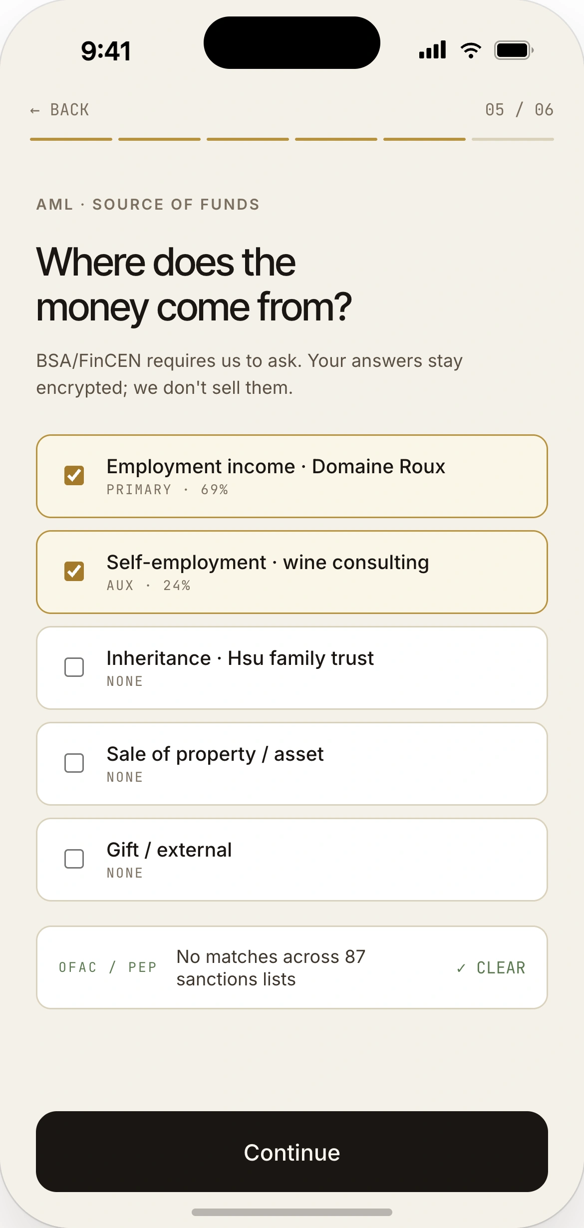 AML source of funds — disclosure of capital origin, employment, business, inheritance, or other