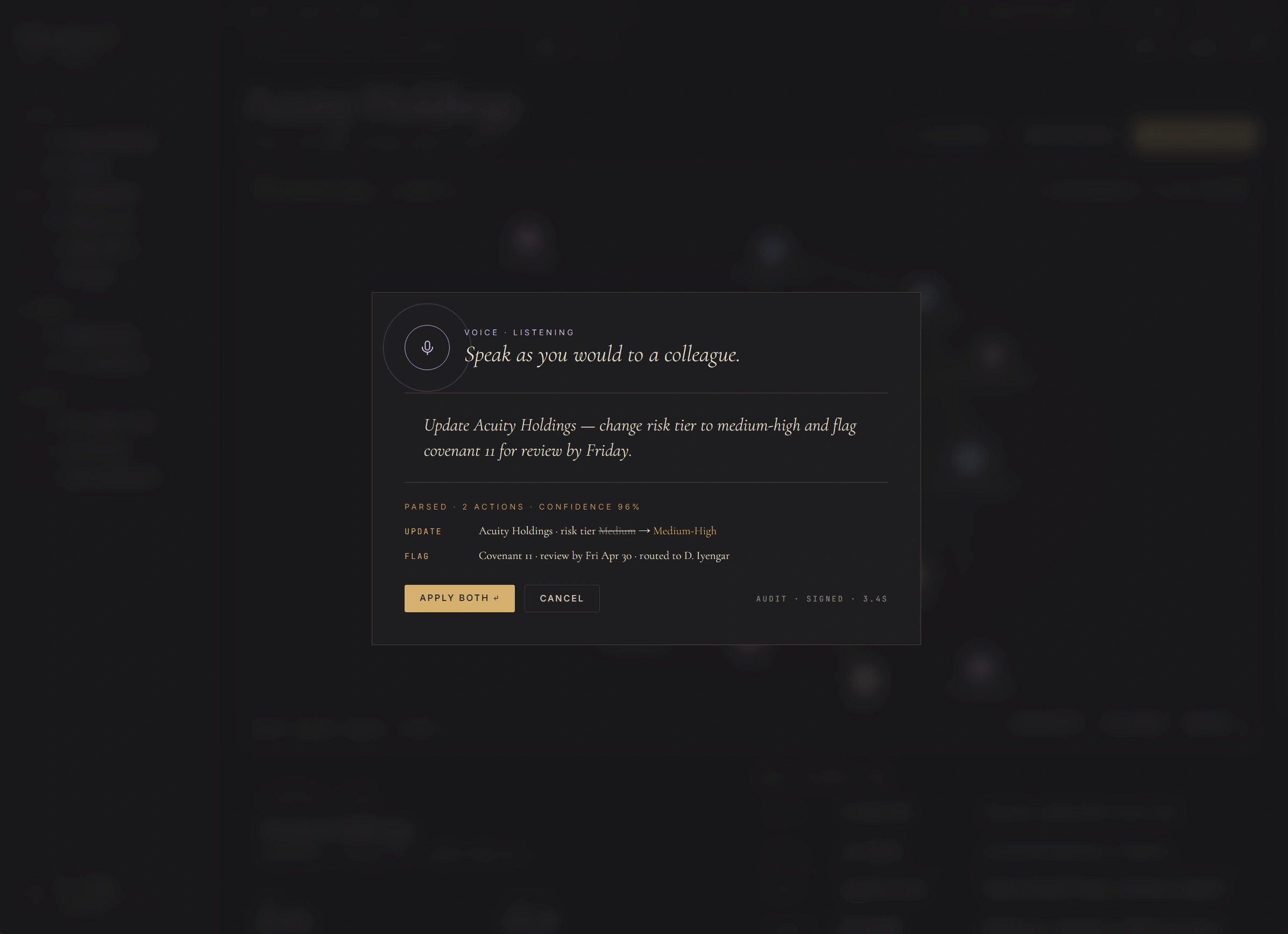 Voice modal — Speak as you would to a colleague — listening state with microphone icon and italic prompt, dictated sentence shown verbatim Update Acuity Holdings change risk tier to medium-high and flag covenant 11 for review by Friday, parsed actions panel with Confidence 96% showing UPDATE Acuity Holdings risk tier Medium to Medium-High and FLAG Covenant 11 review by Fri Apr 30 routed to D Iyengar, APPLY BOTH gold button and CANCEL button, AUDIT SIGNED 3.4s confirmation in bottom right