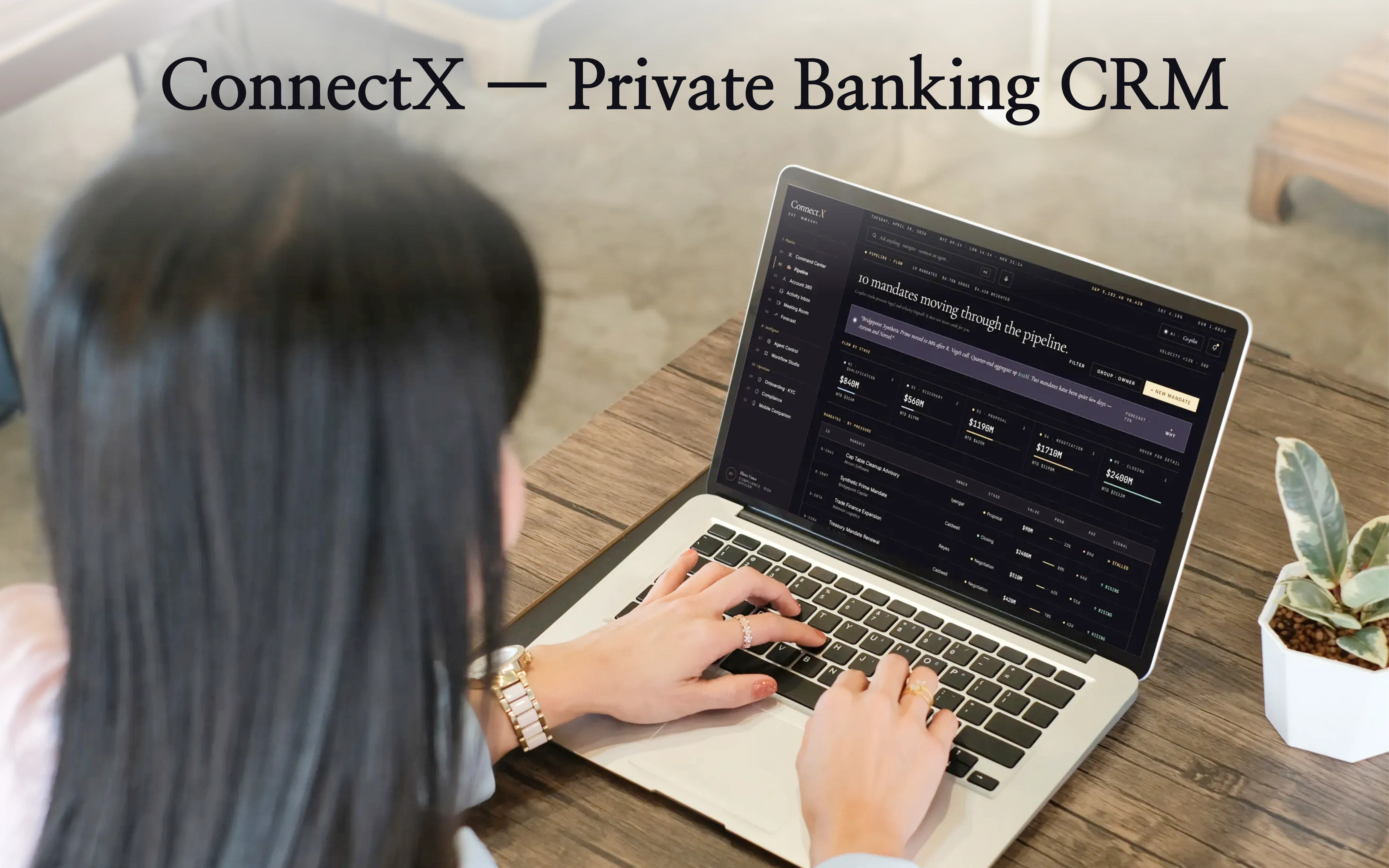 ConnectX — Private Banking CRM with editorial register and AI autonomy tiers