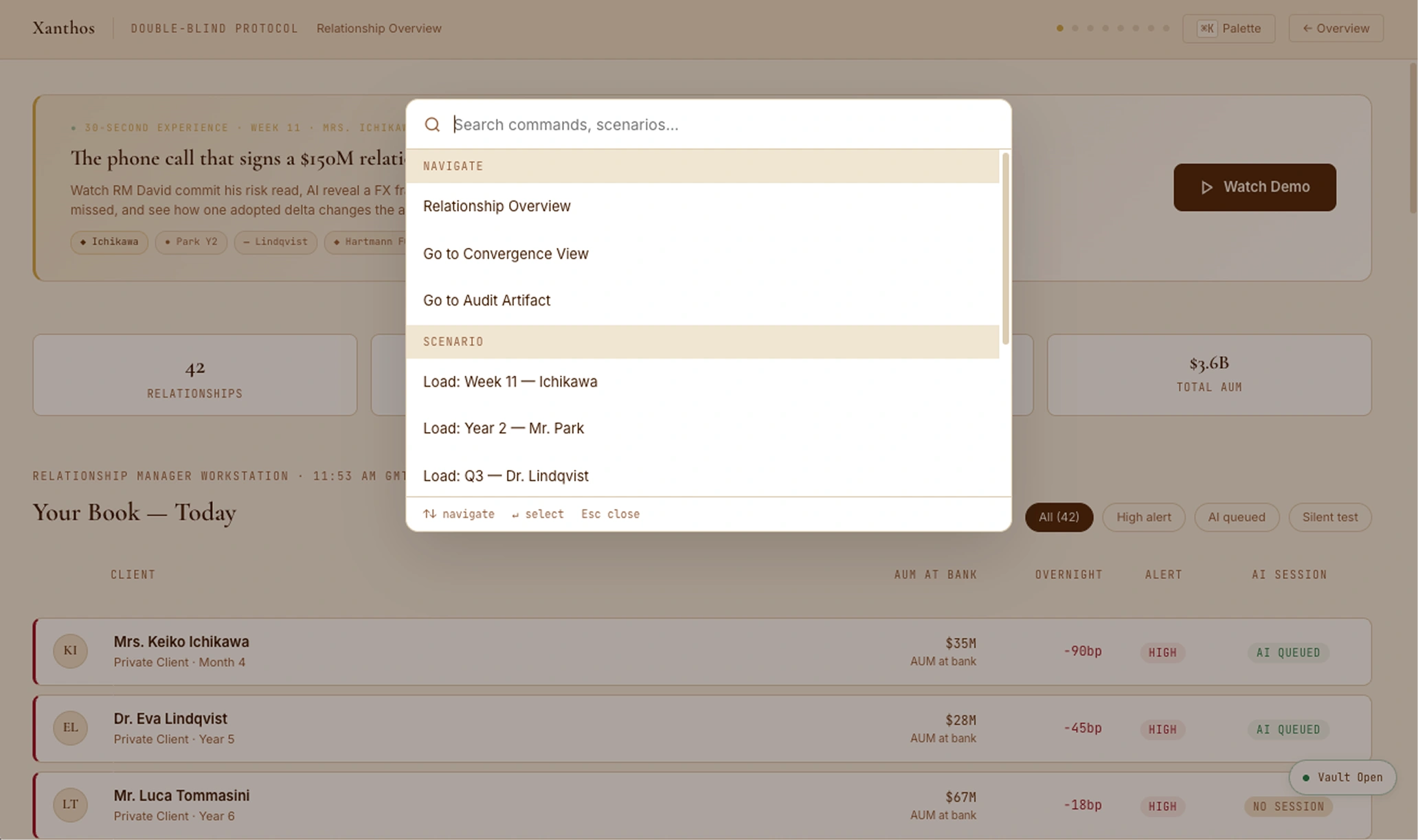 Command palette (⌘K) — search 'Load: Week 11 — Ichikawa', 'Load: Year 2 — Mr. Park', navigate screens, trigger hero demo. Shows overview behind with hero banner and 42-client list.