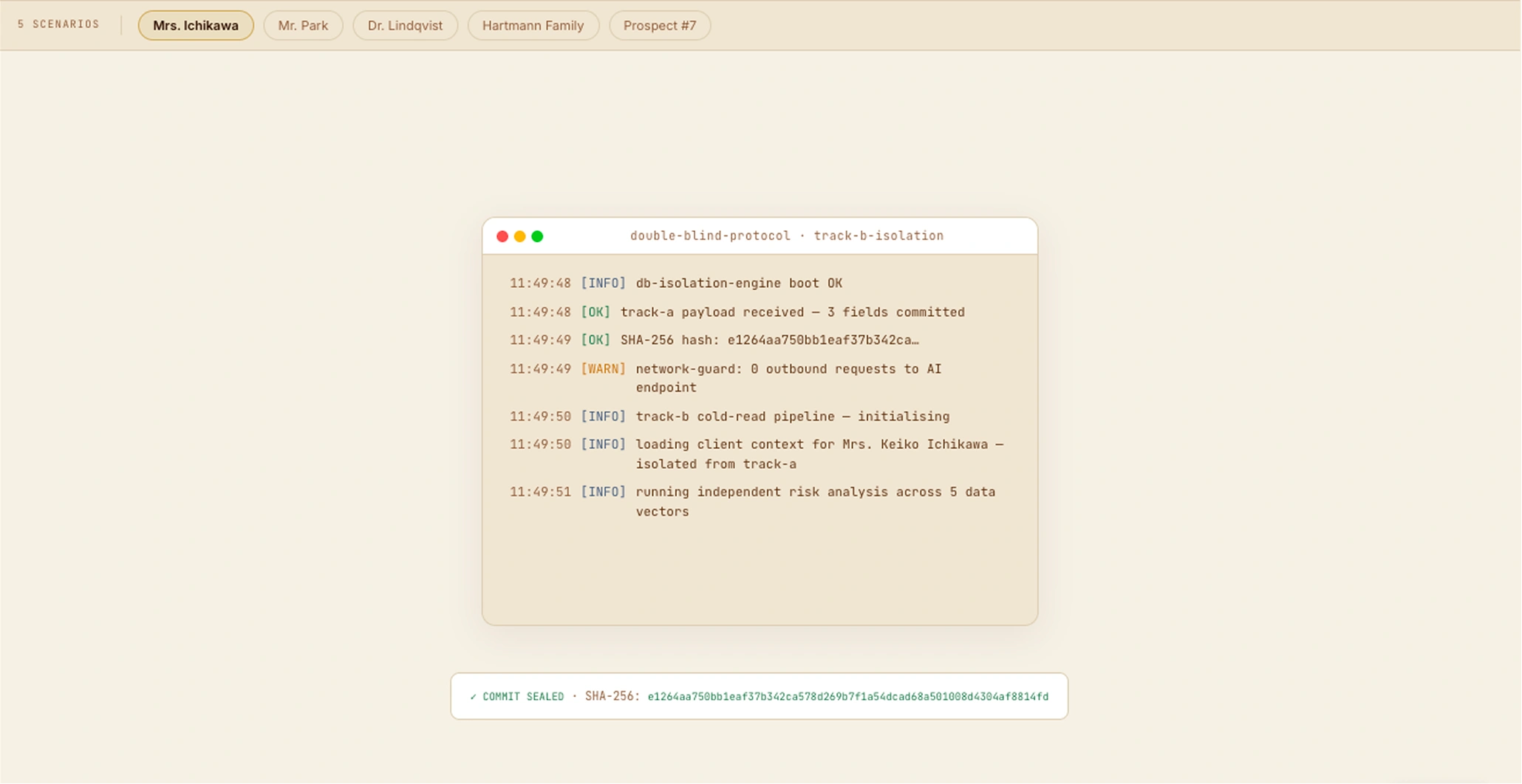 Track B Processing — terminal window with timestamped log: SHA-256 hash e1264aa750bb... confirmed, 0 outbound requests verified, track-b cold-read pipeline initialising, convergence ready