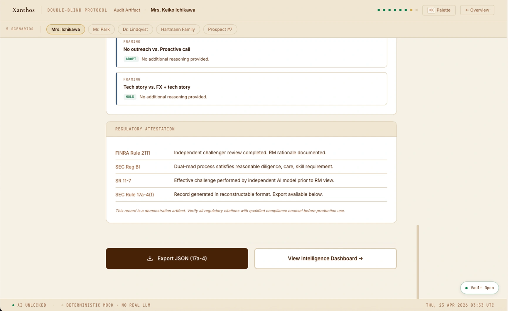 Audit Artifact — Delta Summary showing 2 framing deltas (ADOPT + HOLD), Regulatory Attestation table (FINRA 2111 / SEC Reg BI / SR 11-7 / 17a-4), Export JSON and View Intelligence Dashboard buttons