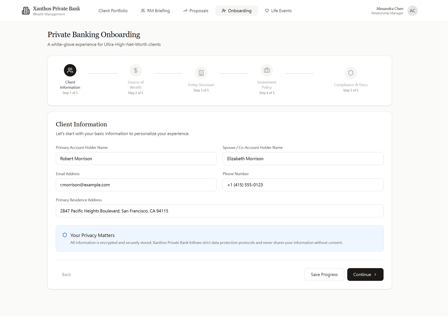 Onboarding Step 1 of 5 - Client Information: form fields for Primary Account Holder Name and Spouse Account Holder Name, Email Address, Phone Number, and Primary Residence Address, with a Your Privacy Matters privacy assurance notice at the bottom