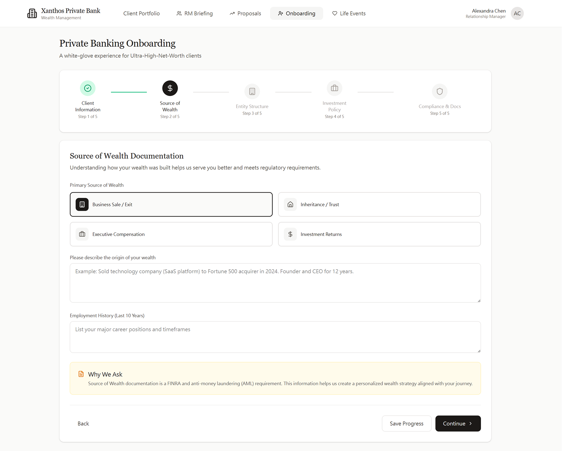 Onboarding Step 2 of 5 - Source of Wealth Documentation: four source options (Business Sale/Exit, Inheritance/Trust, Executive Compensation, Investment Returns) with free text fields for wealth origin description and employment history, plus a Why We Ask callout explaining the AML and anti-money-laundering regulatory requirement