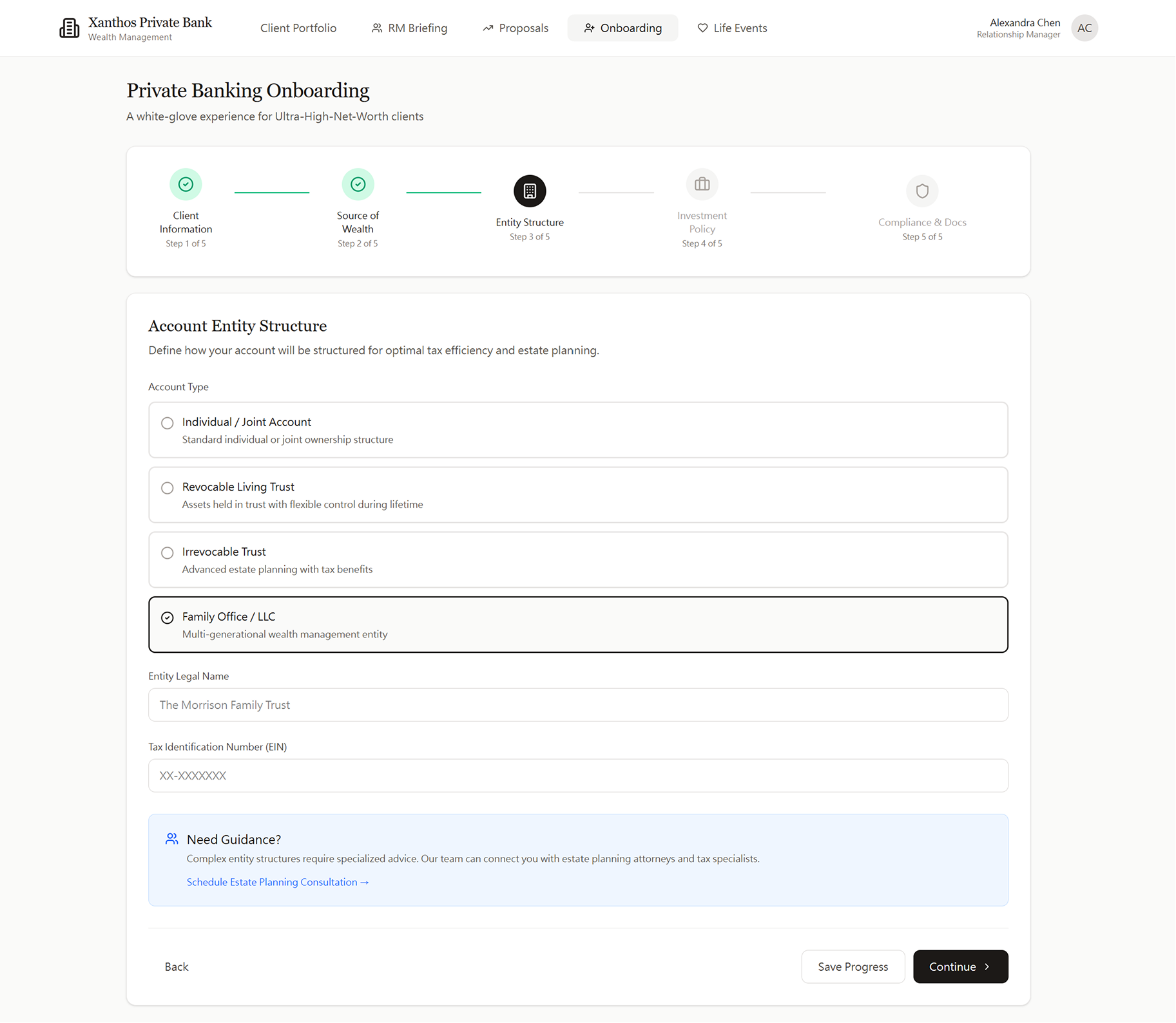 Onboarding Step 3 continued - Account Entity Structure with Family Office/LLC selected, revealing conditional form fields for Entity Legal Name (The Morrison Family Trust) and Tax Identification Number