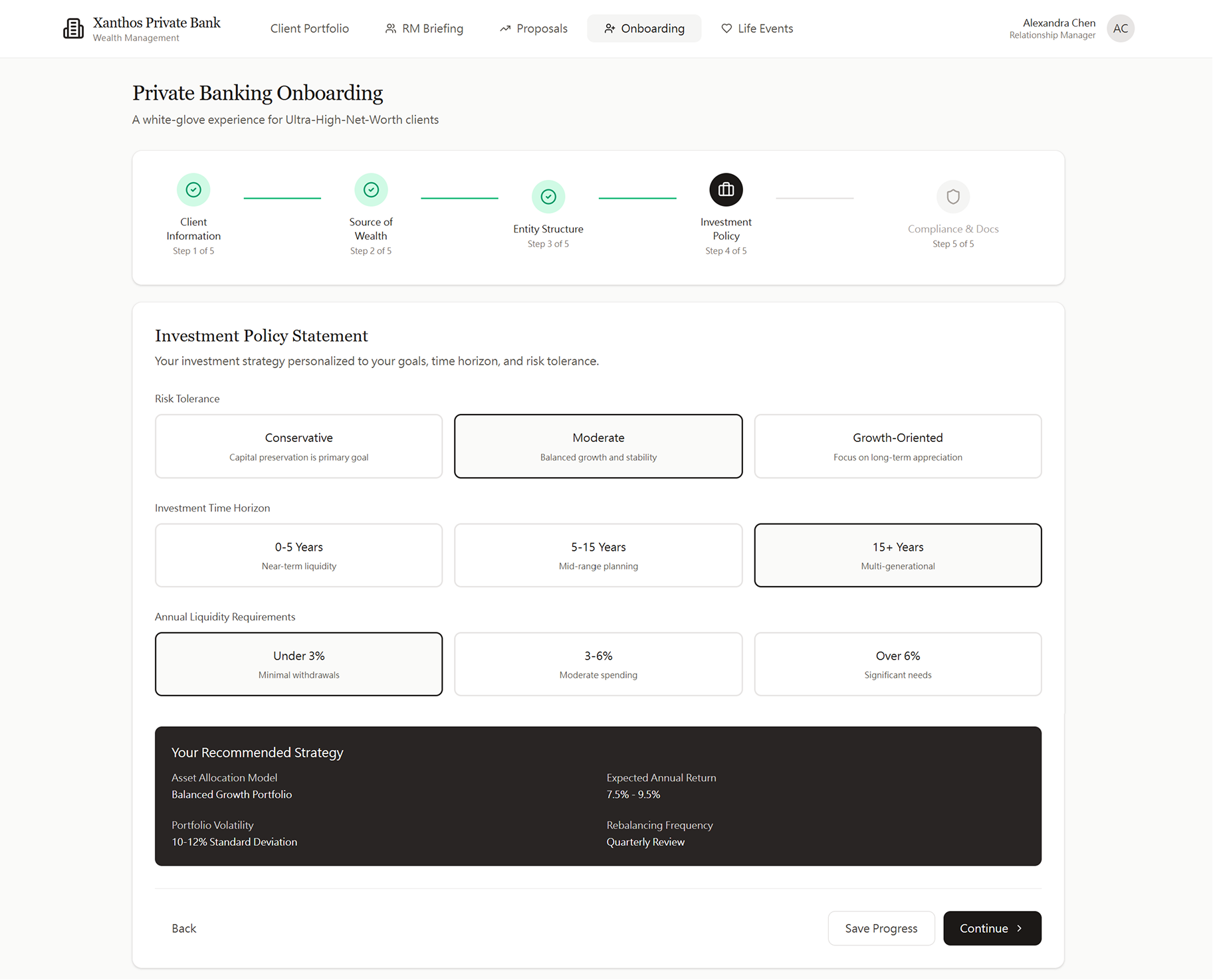 Onboarding Step 4 of 5 - Investment Policy Statement: three-choice cards for Risk Tolerance (Conservative, Moderate, Growth-Oriented), Investment Time Horizon (0-5 years, 5-15 years, 15+ years), and Annual Liquidity Requirements (Under 3%, 3-6%, Over 6%). A Recommended Strategy panel at the bottom shows Balanced Growth Portfolio with 7.9-9.1% expected annual return, 13% standard deviation, and quarterly rebalancing frequency.