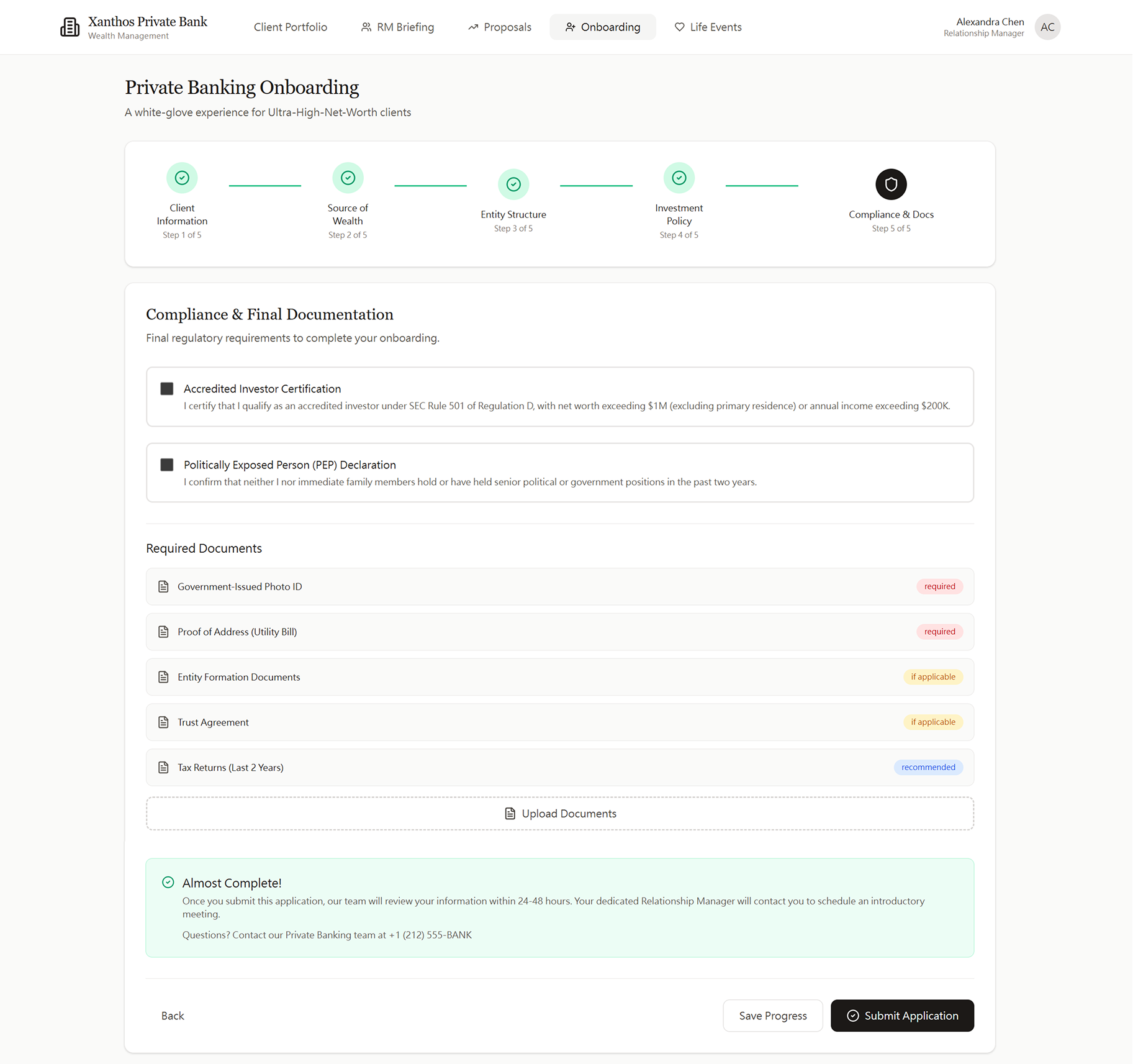 Onboarding Step 5 of 5 - Compliance and Final Documentation: checkboxes for Accredited Investor Certification under SEC Rule 501 of Regulation D and Politically Exposed Person PEP Declaration. Required documents list includes Government Issued Photo ID (required), Proof of Address (required), Entity Formation Documents (if applicable), Trust Agreement (if applicable), and Tax Returns for last two years (recommended). Document upload area and Submit Application button. An Almost Complete success notice at bottom explains that a dedicated Relationship Manager will contact the client within 24-48 hours to schedule an introductory meeting.