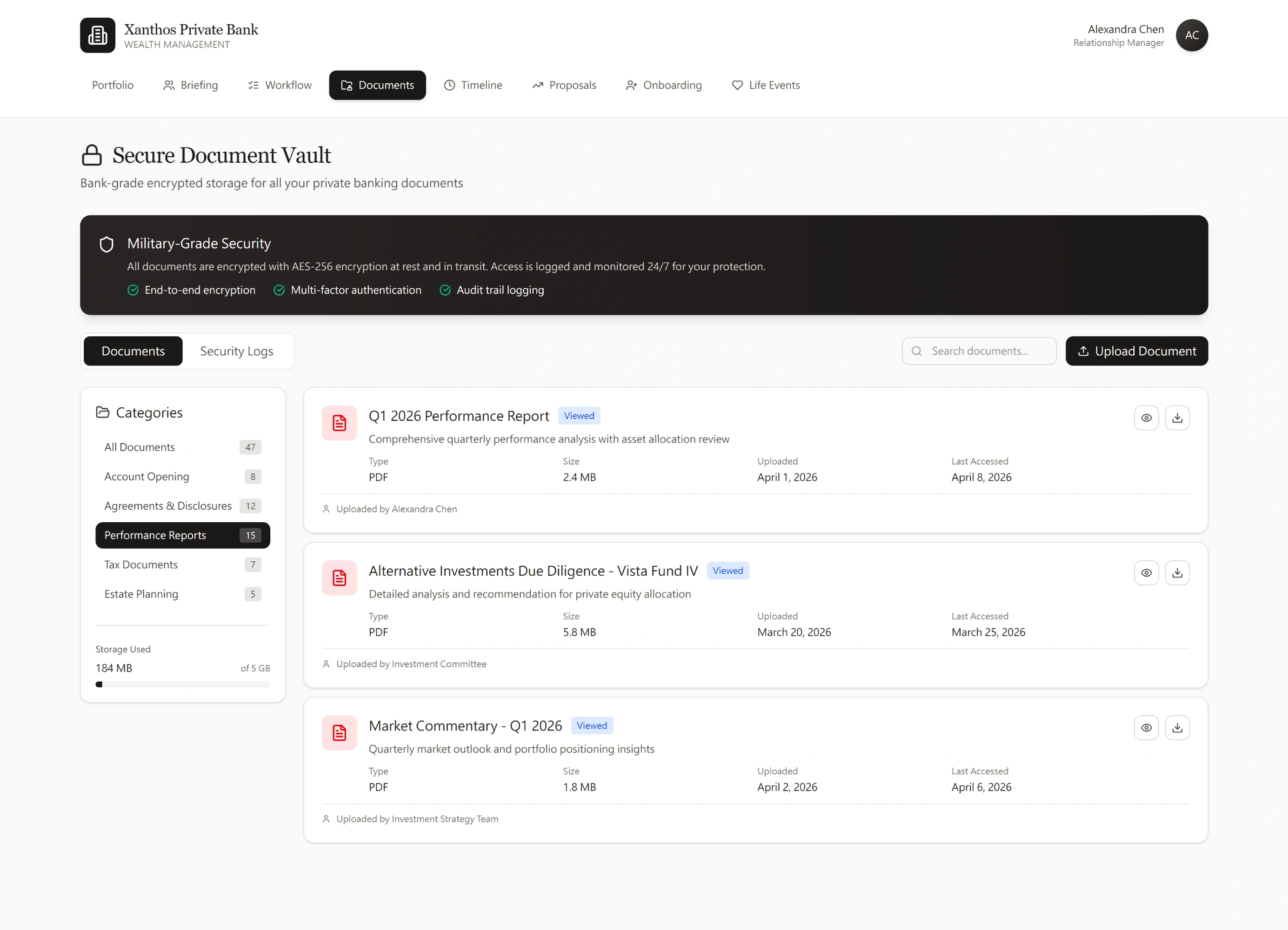 Secure Document Vault filtered to Performance Reports — 15 documents, Q1 2026 Performance Report viewed, attribution by source