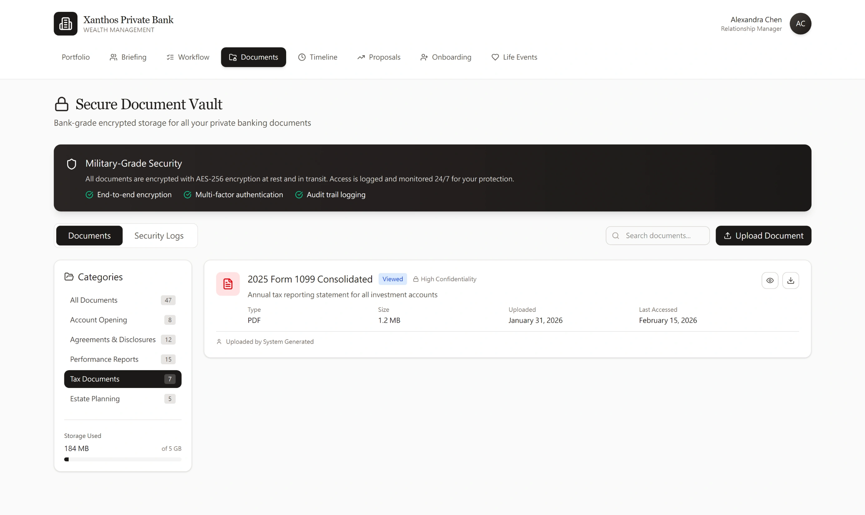 Secure Document Vault filtered to Tax Documents — 7 documents. 2025 Form 1099 Consolidated Viewed High Confidentiality,…