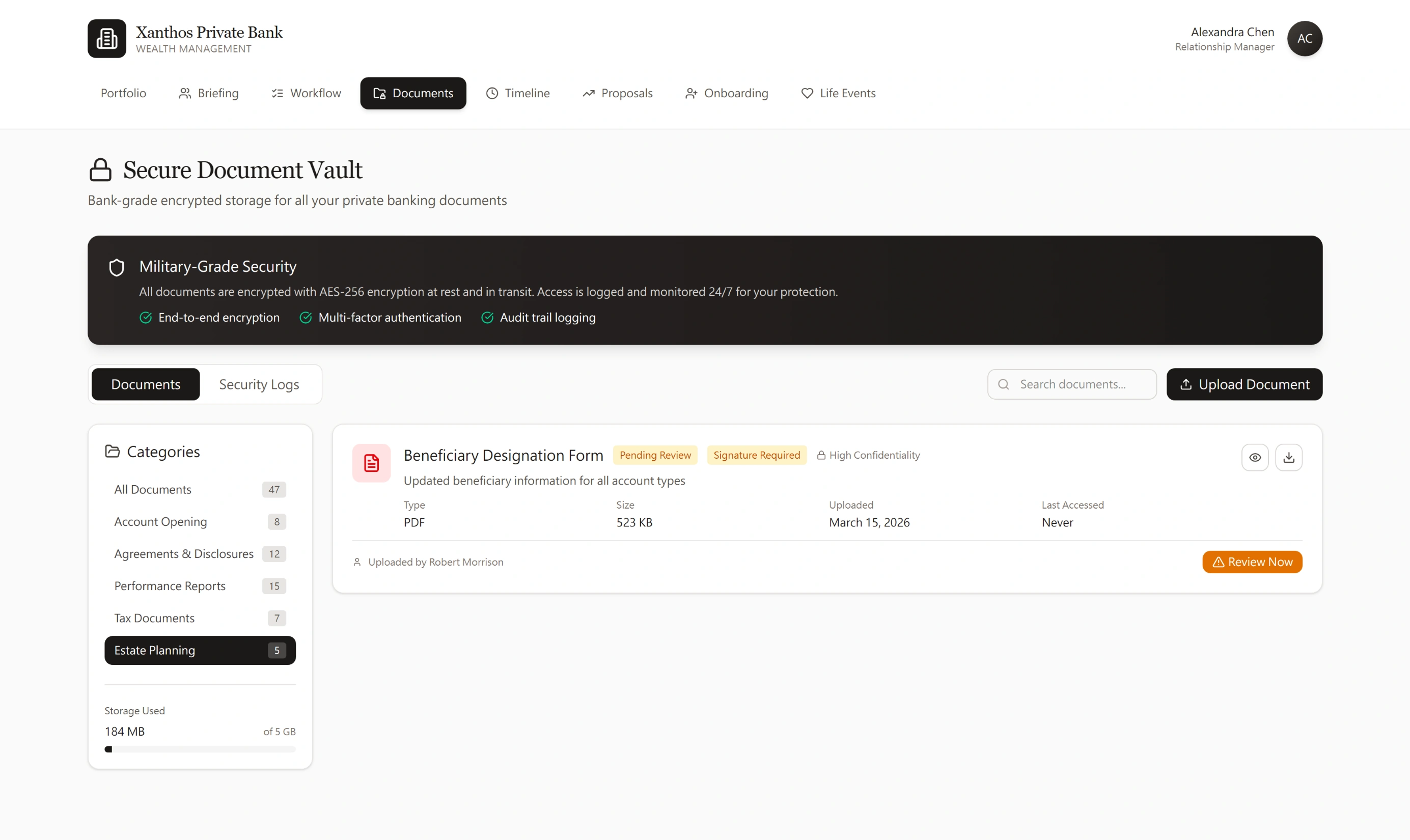 Secure Document Vault filtered to Estate Planning — 5 documents. Beneficiary Designation Form with Pending Review and…