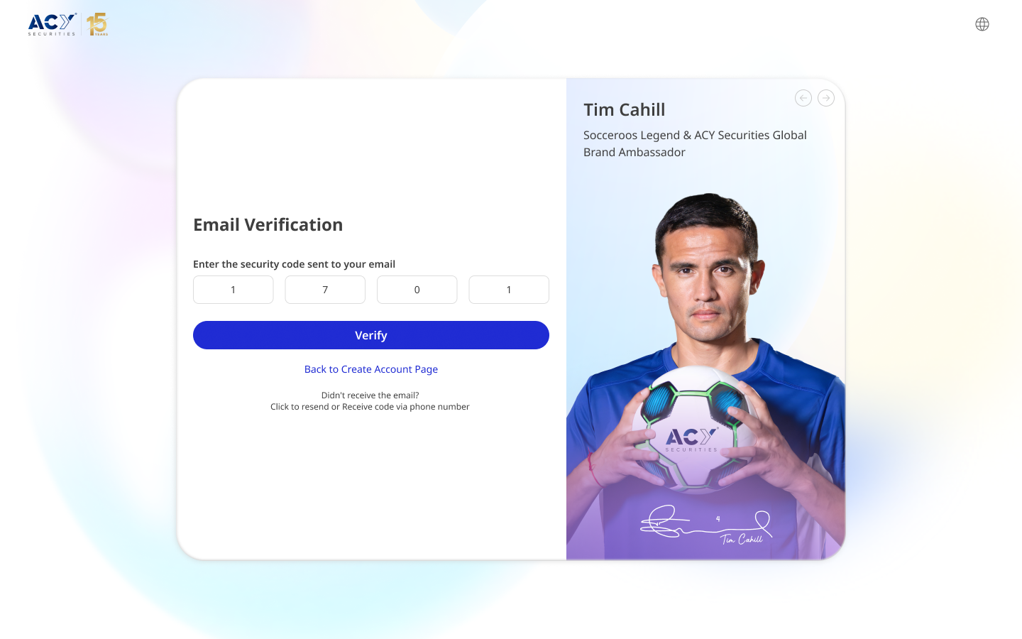 ACY Email Verification — OTP input with Tim Cahill brand ambassador split layout