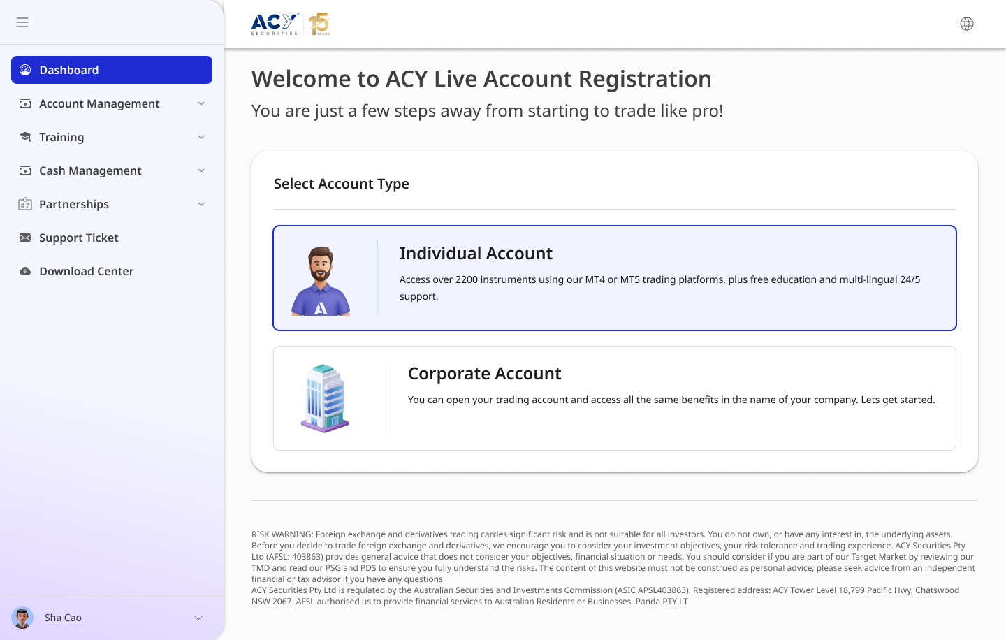 ACY Live Account Registration — Individual vs Corporate account type selection