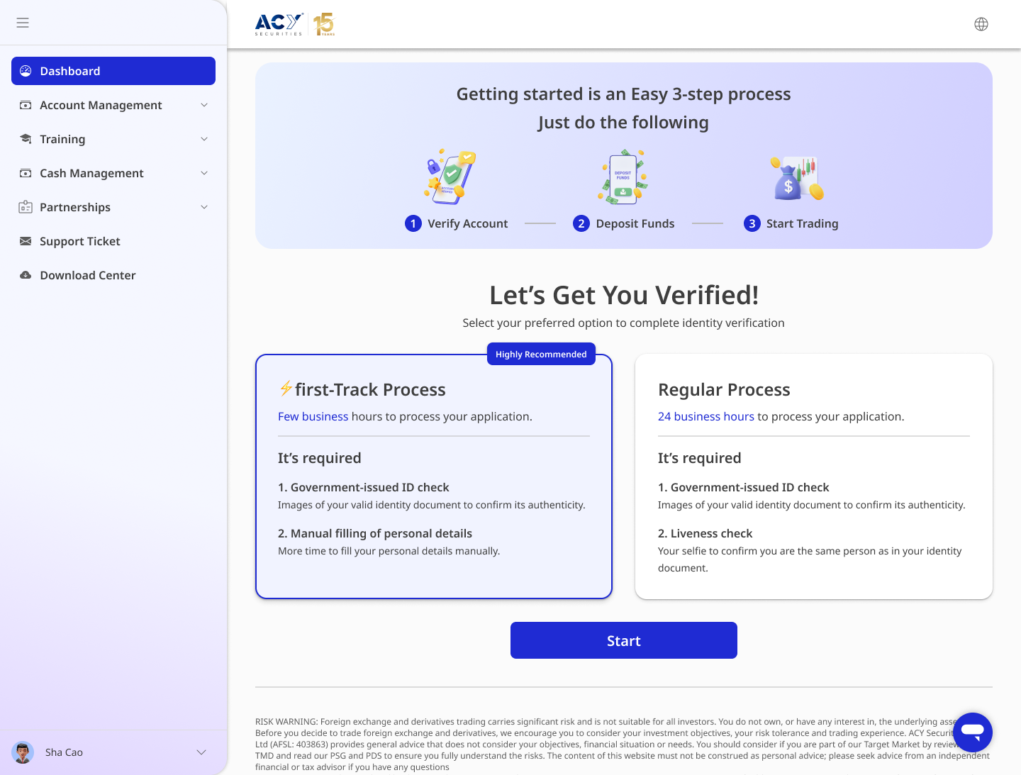 ACY KYC — Fast-Track vs Regular verification process selection with 3-step onboarding flow