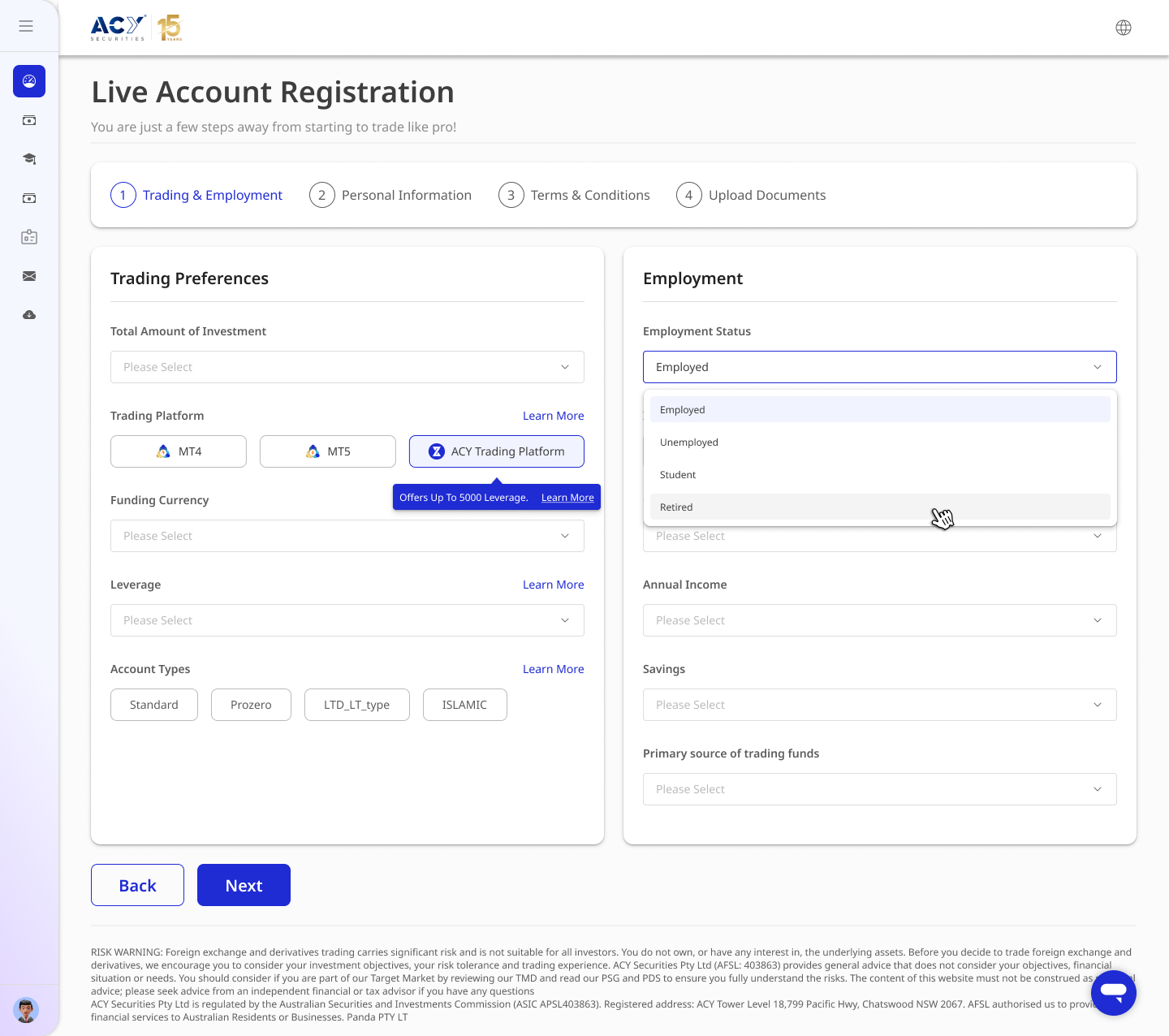 ACY KYC — ASIC Suitability Assessment: Trading Preferences & Employment