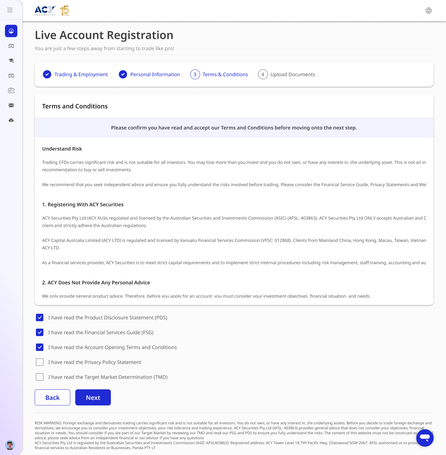 ACY KYC — ASIC Compliance: PDS, FSG, TMD, Privacy Policy disclosure checkboxes