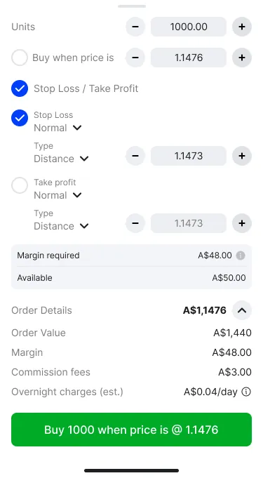 Order type selection — market, limit, stop