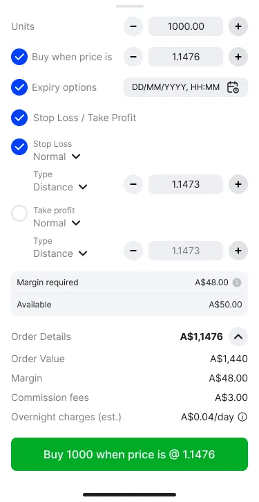 Order ticket — size, stop-loss, take-profit, margin