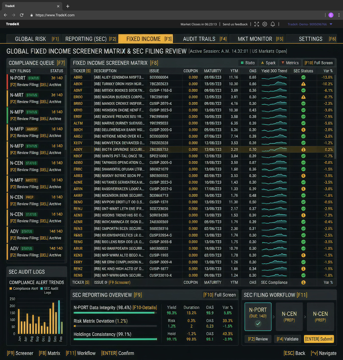 TradeX Fixed Income Screener Matrix with SEC Filing Review workflow