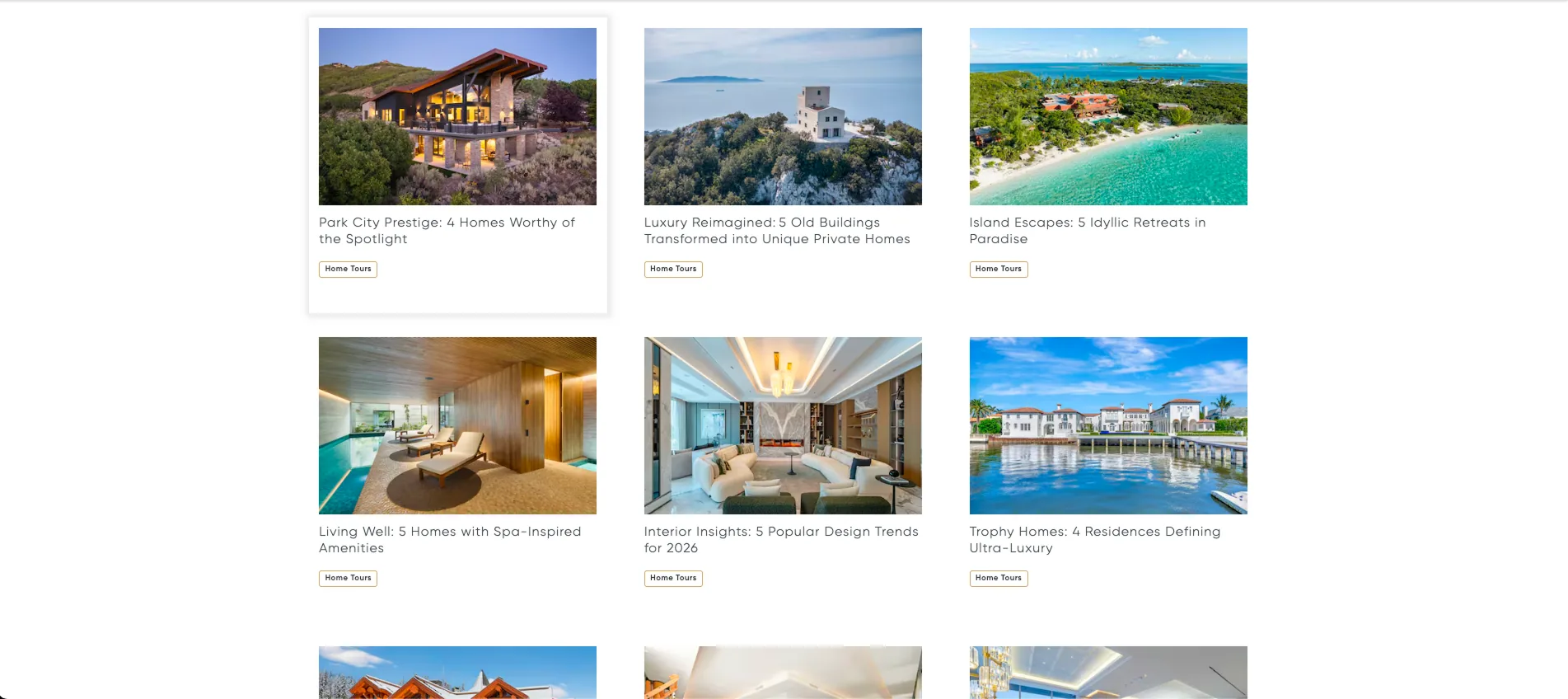 Luxury Defined — Editorial Blog Grid — and property-linked article thumbnails