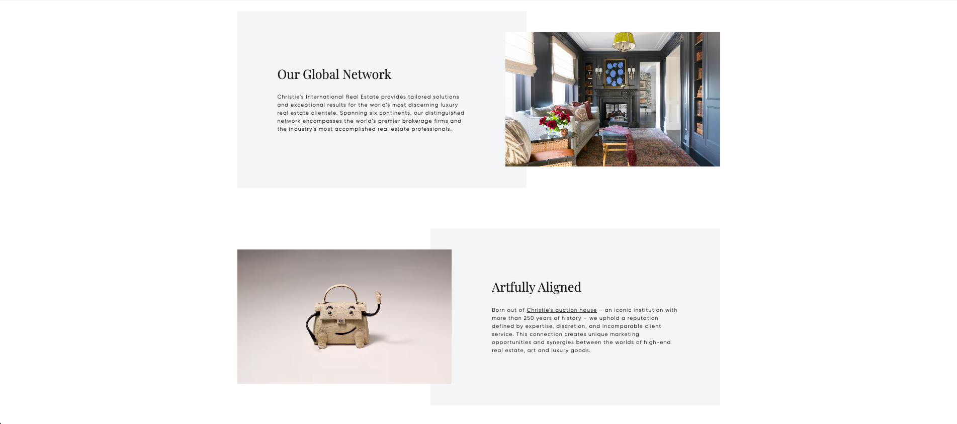 Christie's Our Global Network and Artfully Aligned brand pages — institutional pages — 250-year heritage translation…