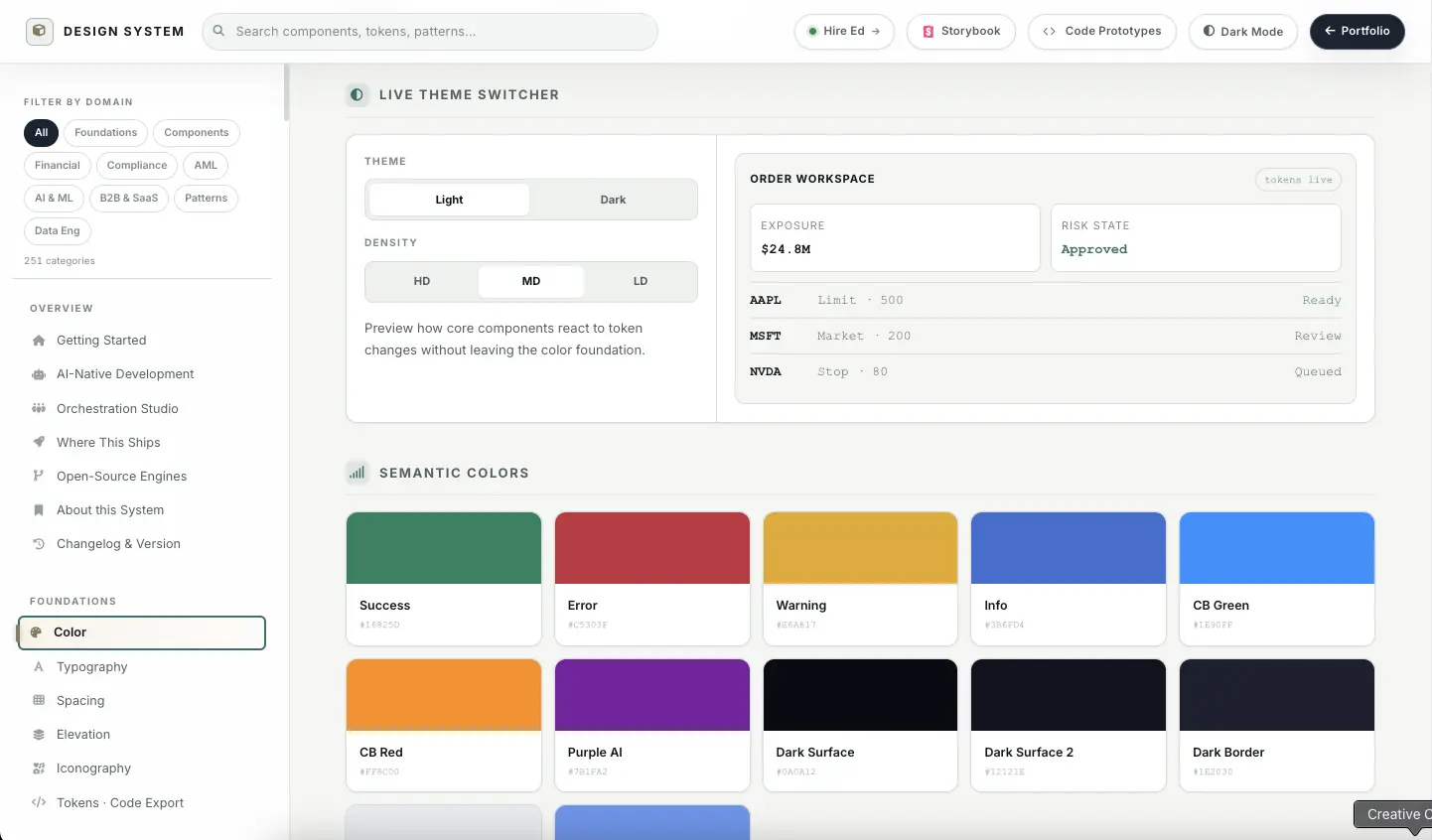 The Edwson Design System — 244 live component demos, token-driven, dual-theme